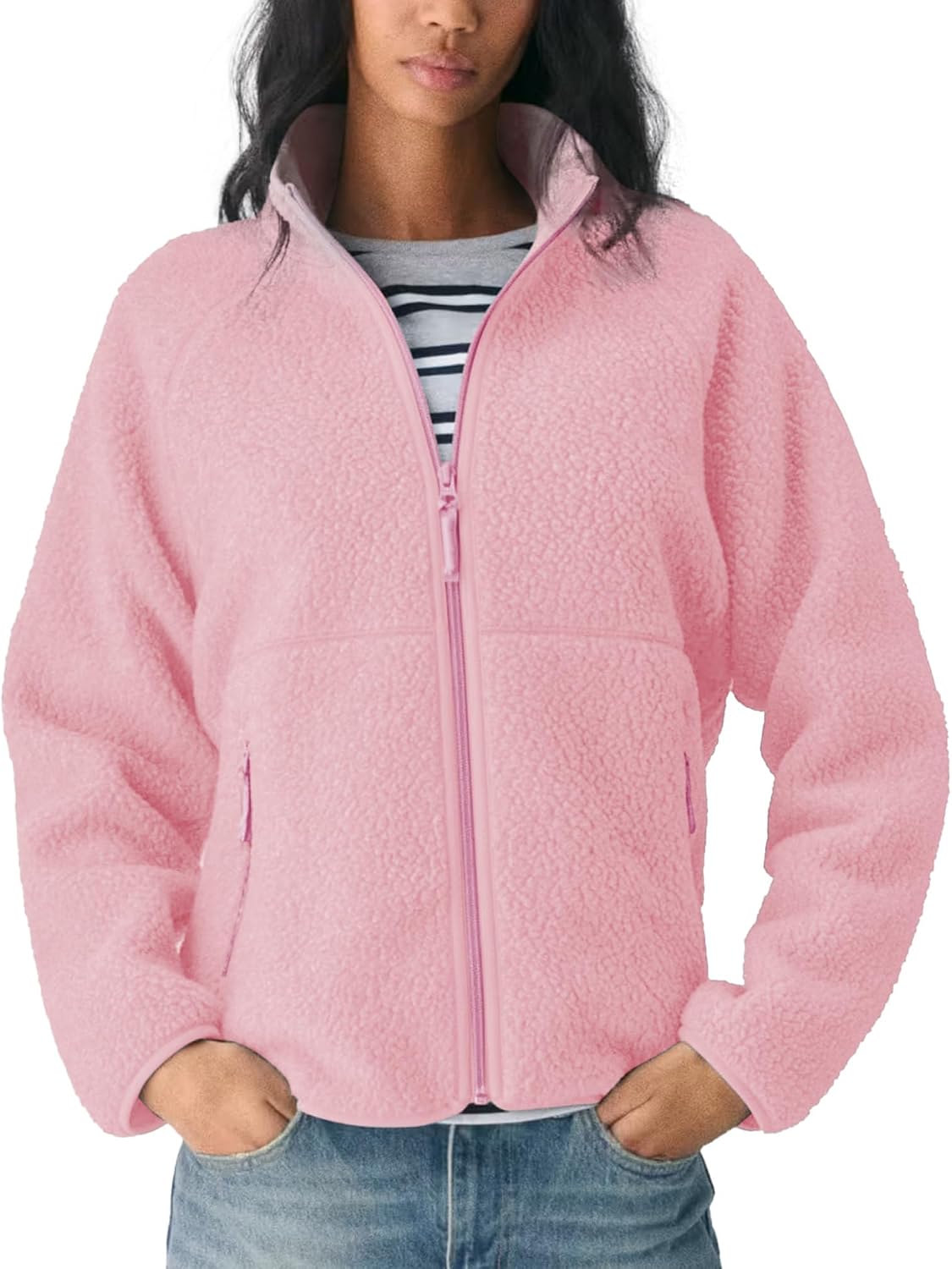 Detalle de Hixiaohe Women's Fuzzy Fleece Sherpa Jacket, Full-Zip with Stand Collar