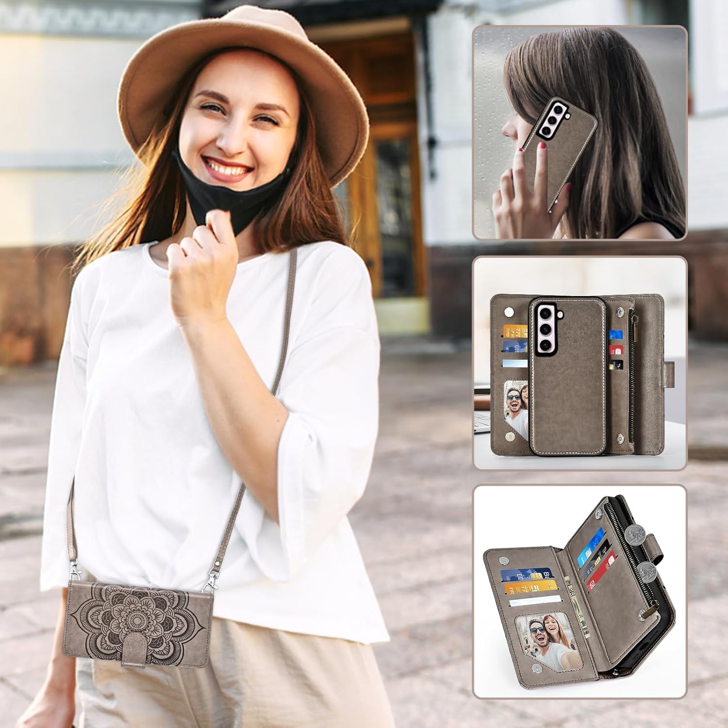 Thumbnail 6 de Asuwish Galaxy S23 5G Zipper Wallet Case with Screen Protector & Detachable Straps (Grey)