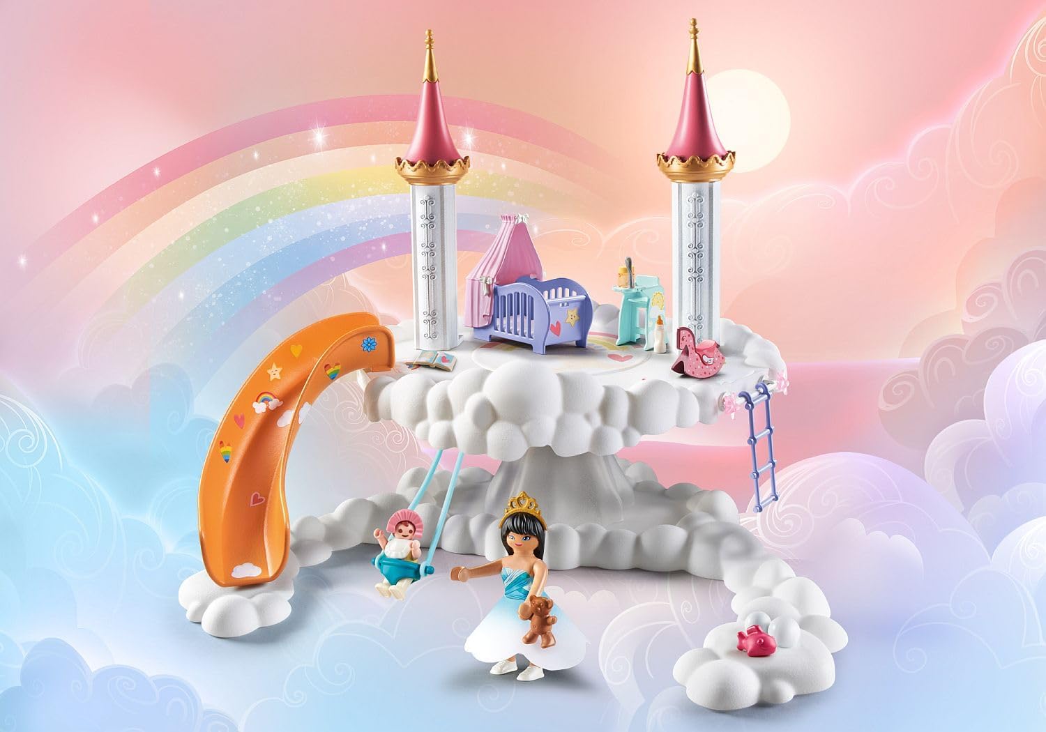 Detalle de PLAYMOBIL Princess Magic 71360 babykamer met wieg, glijbaan en 61 accessoires