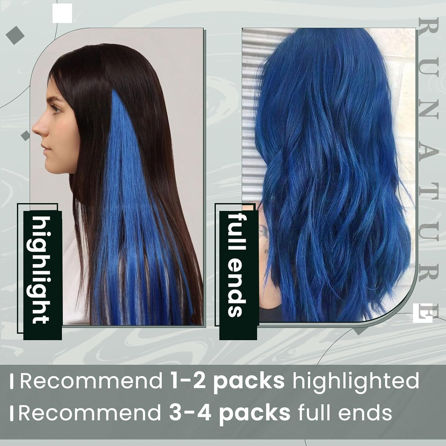 Detalle 2 de RUNATURE Extension clip capelli colorati blu 35 cm, 5 pz 🎀