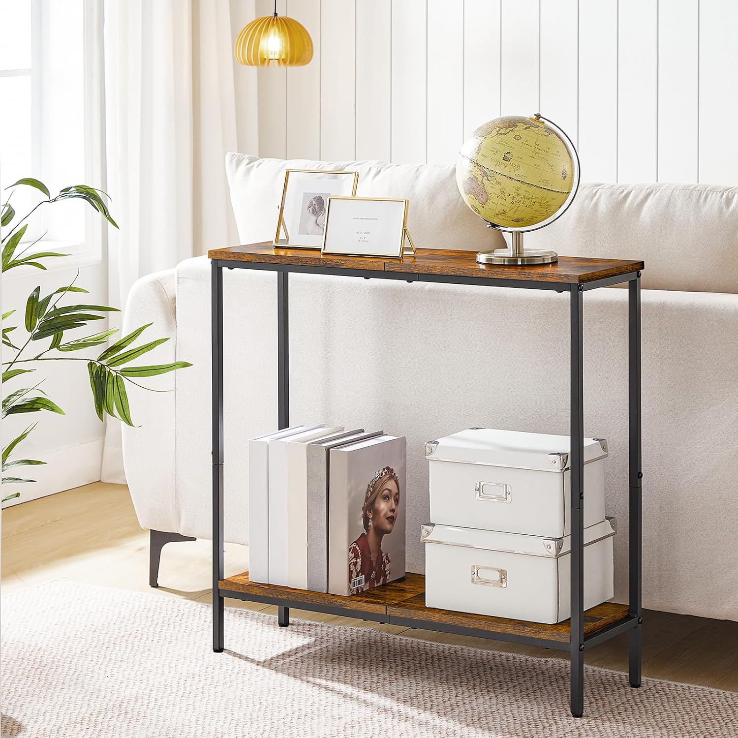 Detalle de HOOBRO Slim Console Table with Shelf (EBF22XG01) – 2-Tier Narrow Hallway Table in Rustic Brown