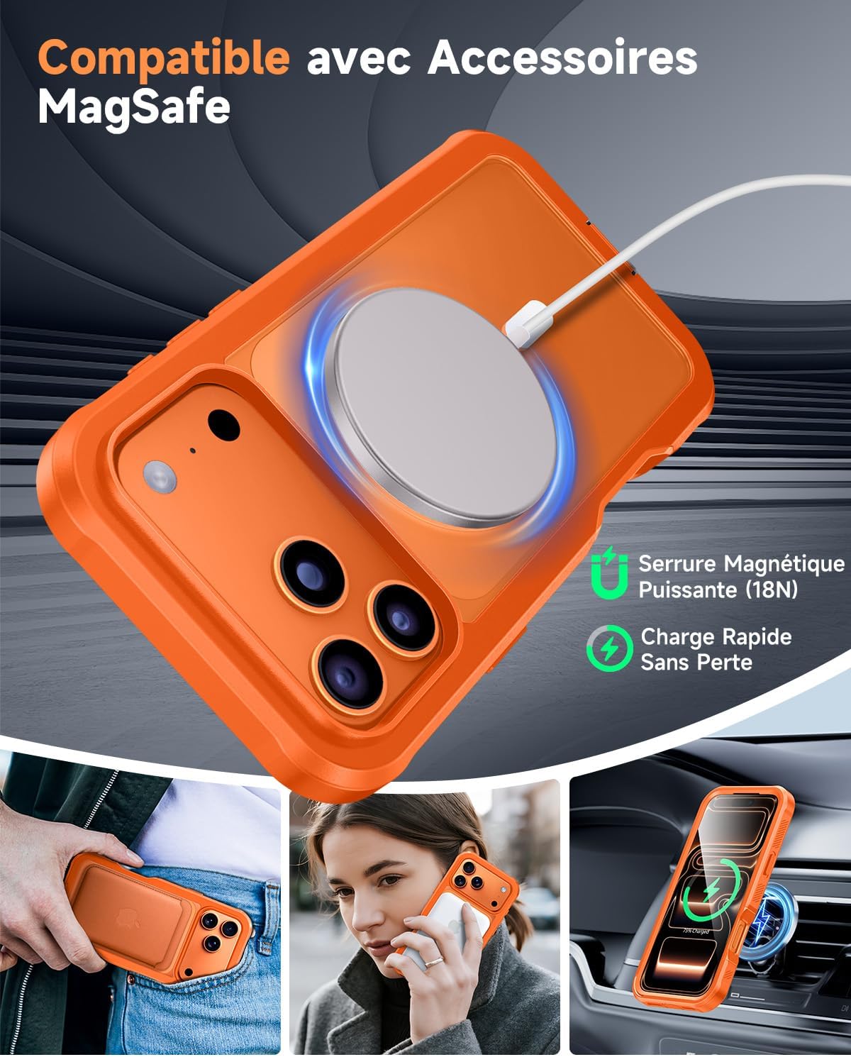 Detalle de Coque Magnétique Seacosmo pour iPhone 17 Pro – MagSafe, Protection 360° (Orange)