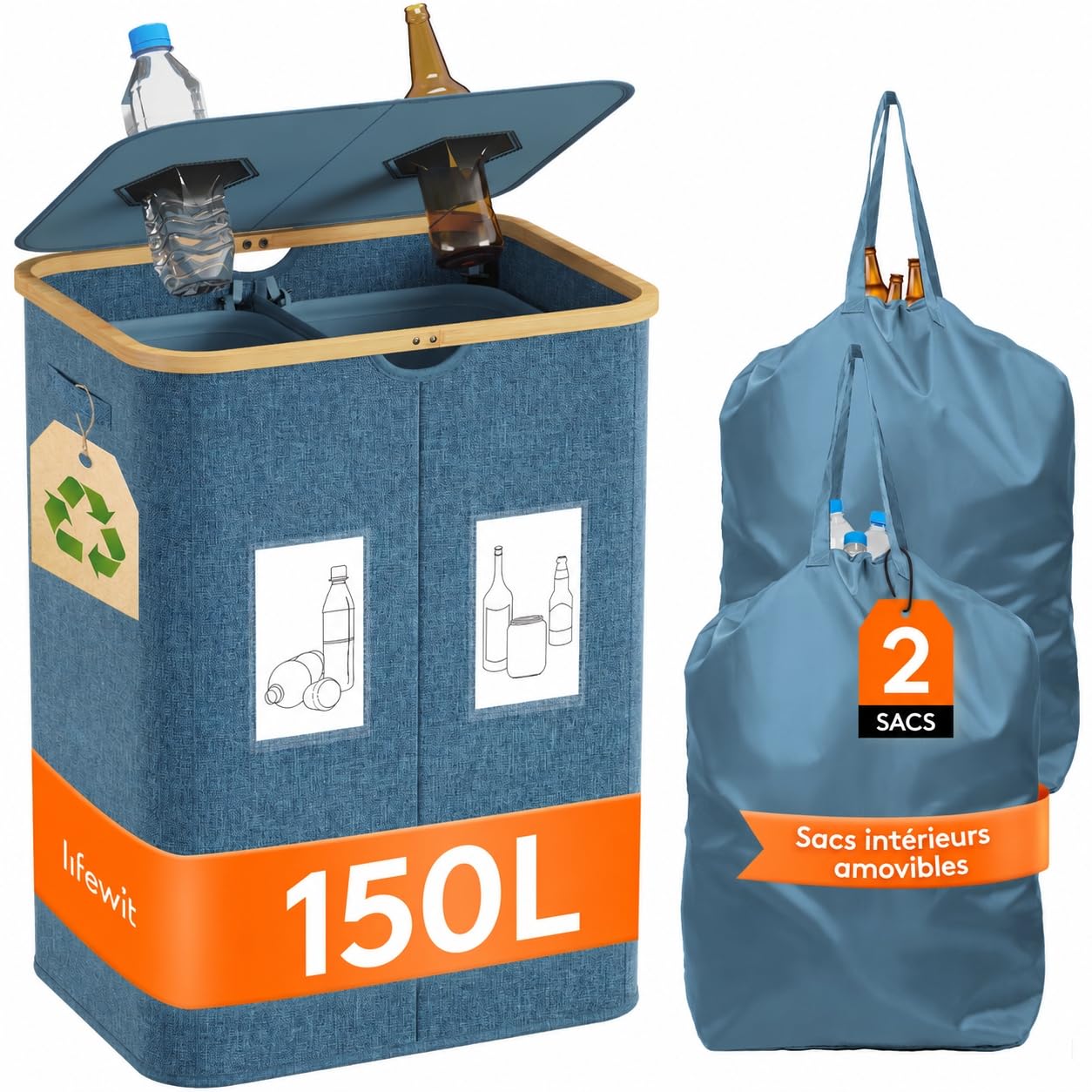 Detalle de Lifewit 24377 flessenverzamelaar, 150 liter, 2 vakken, donkerblauw