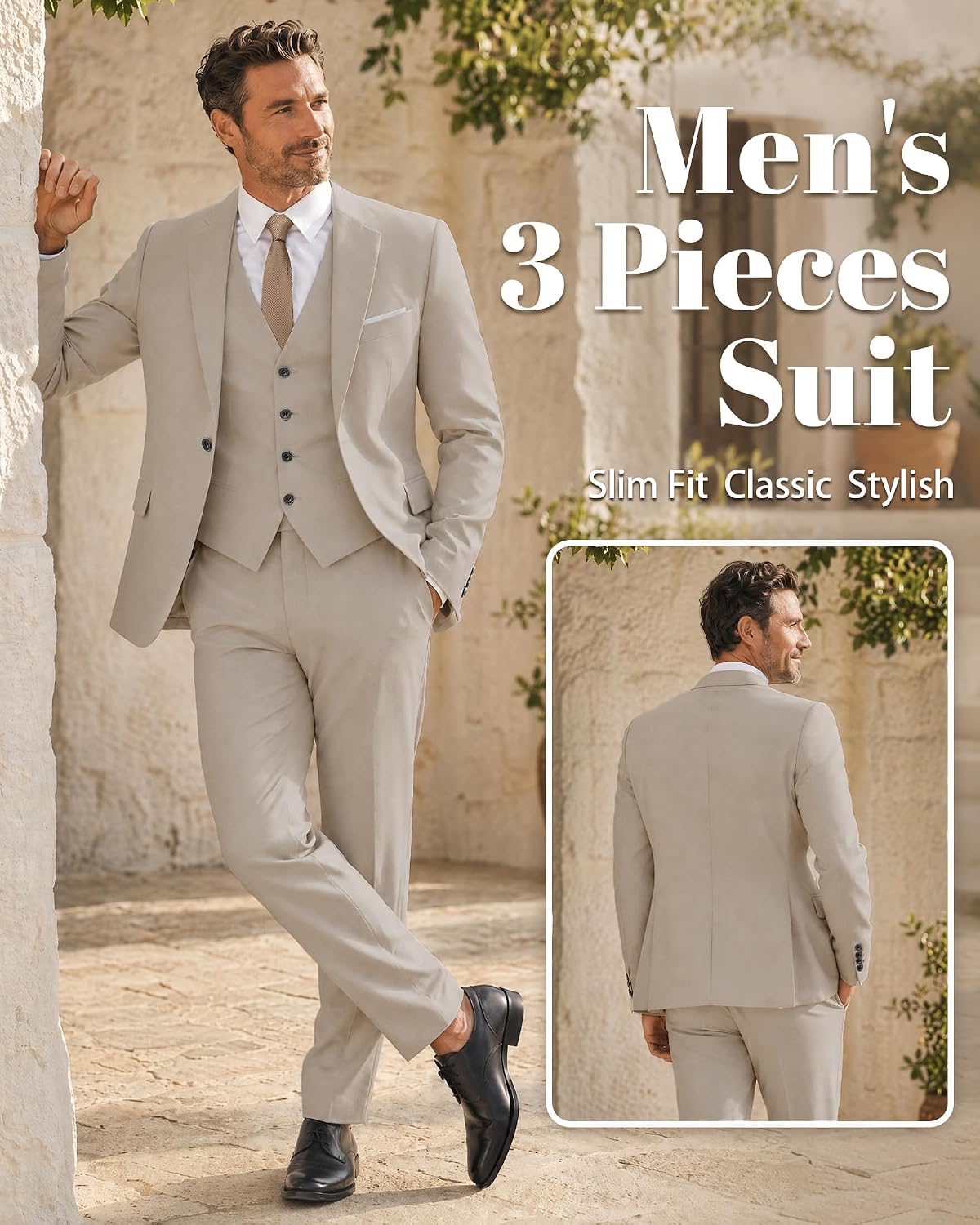 Detalle de MY’S Men's 3 Piece Suit Set with Tie — Slim Fit, One Button Jacket, Vest & Pants (19 Colors)