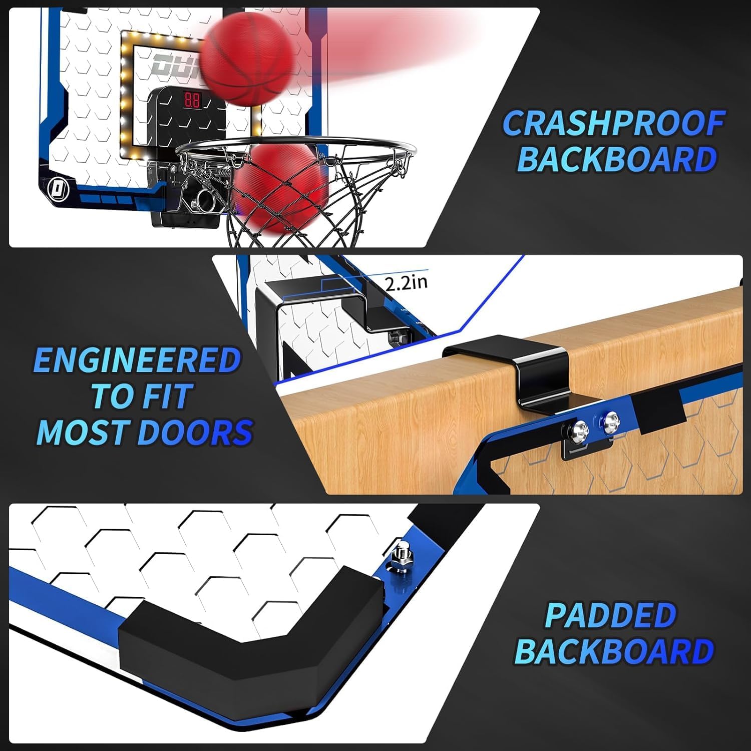 Detalle de TEMI Indoor Over-The-Door Basketball Hoop with 4 Balls – LED Backboard, Scoring & Sound Effects