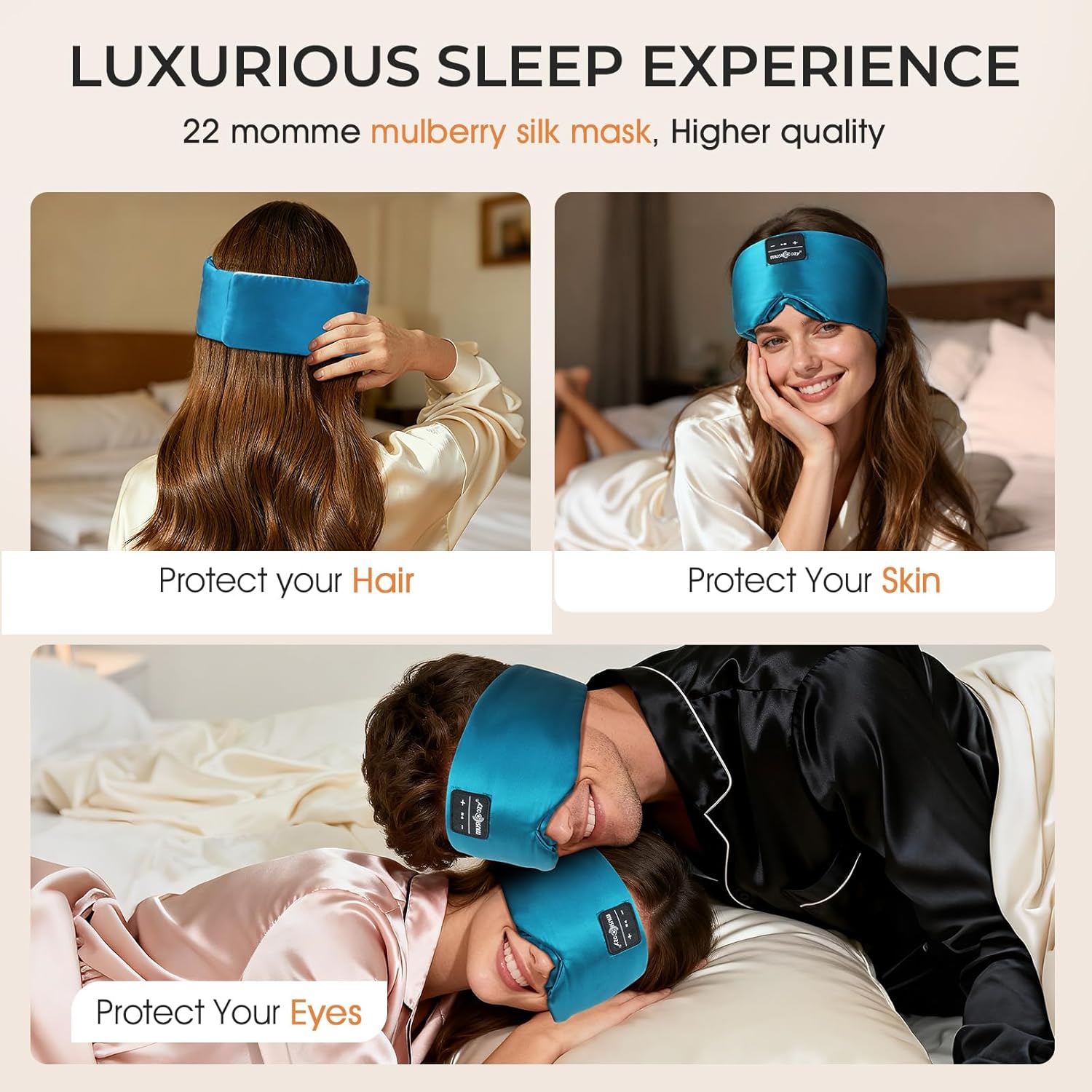 Detalle 2 de MUSICOZY Silk Sleep Mask Headphones with 100% Mulberry Silk, Bluetooth 5.4 and 14h Playtime