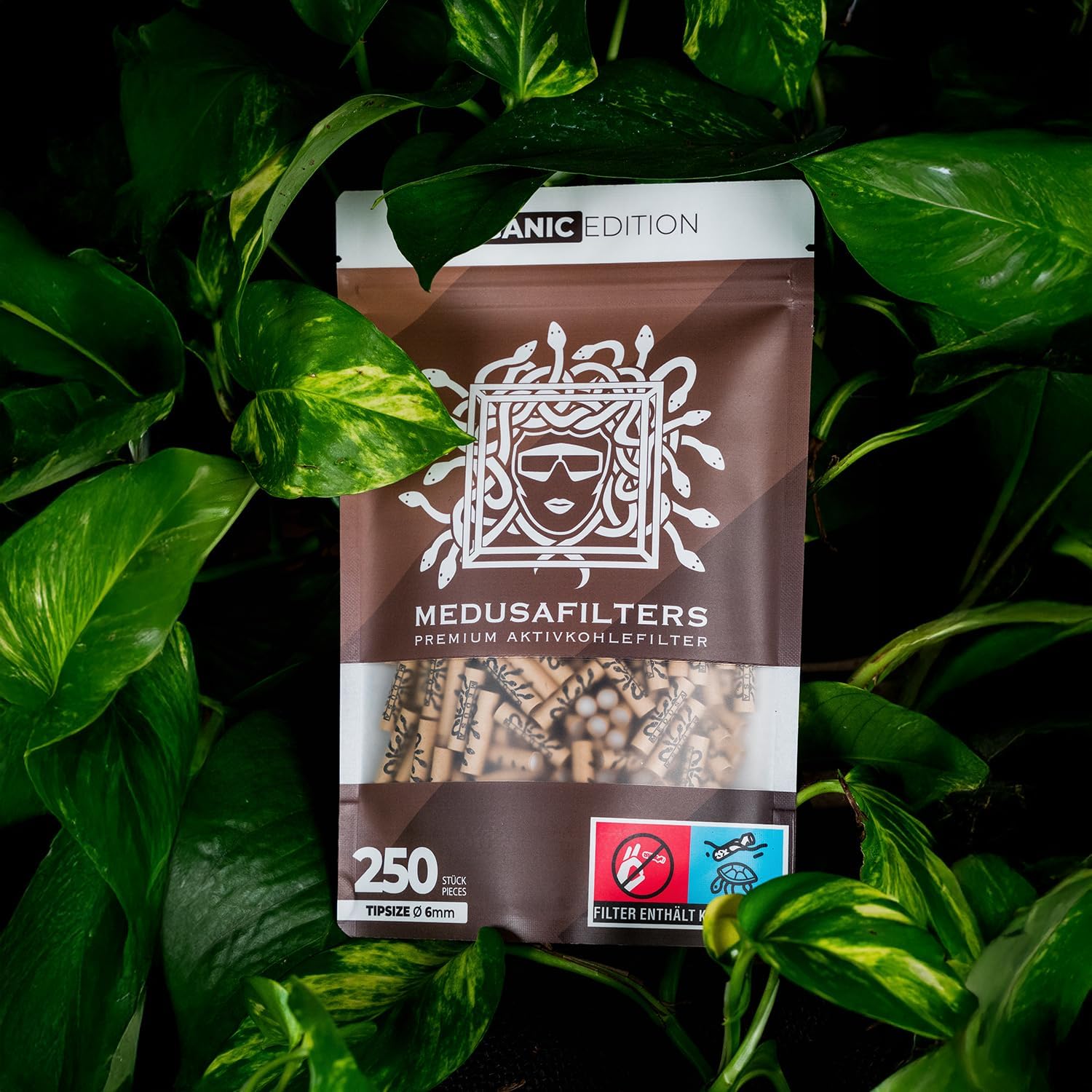 Detalle de Medusafilters Organic Edition: 250 Slim-Aktivkohlefilter (6 mm Ø) mit veganen Fasercaps & Kokos-Aktivkohle