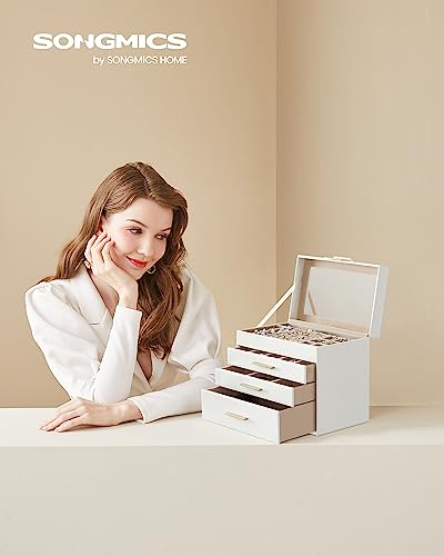 Detalle 2 de SONGMICS GISELLA Collezione – Portagioie con Coperchio in Vetro, 4 Livelli, 31 Scomparti, Bianco Nuvola e Dorato