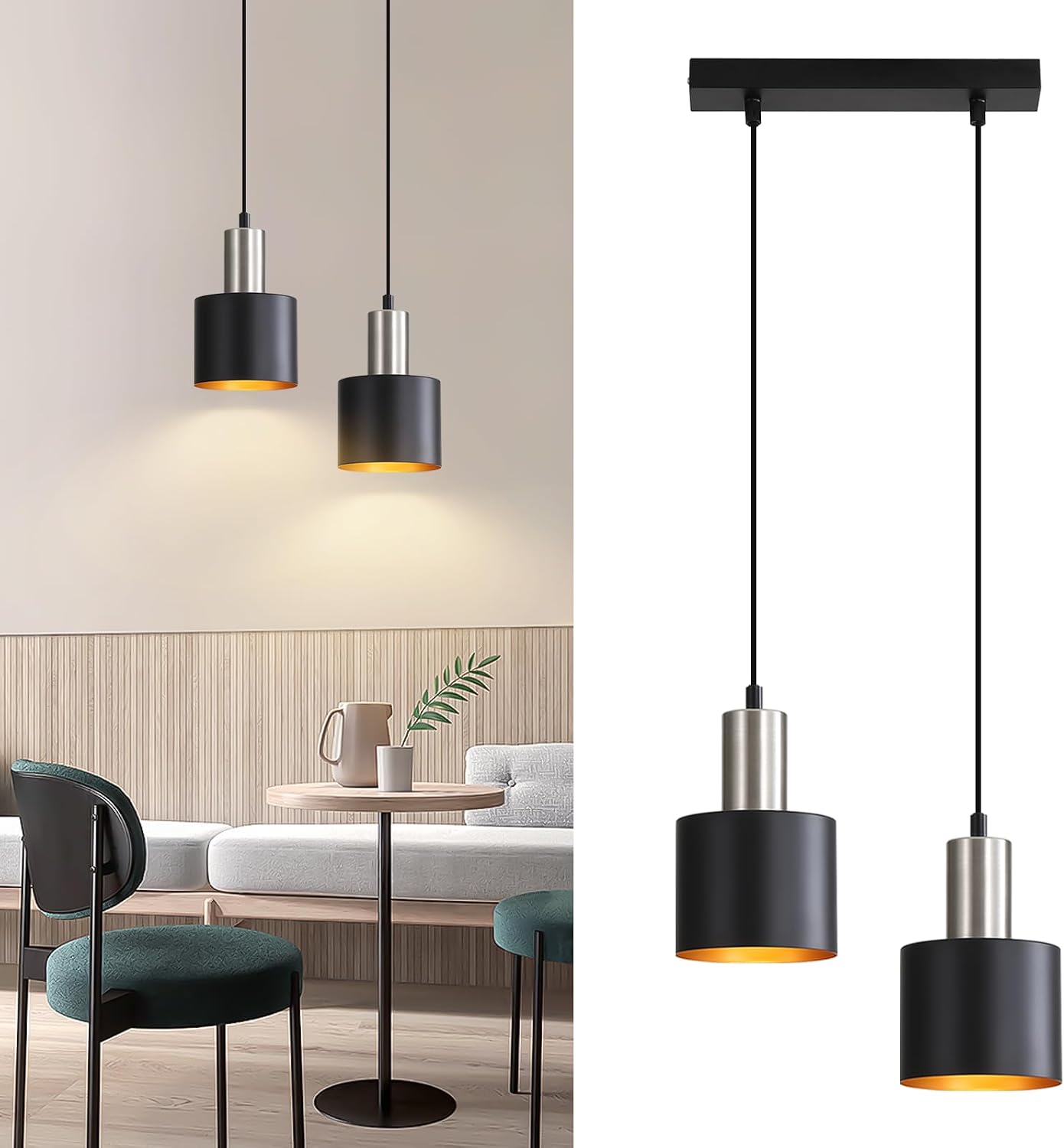 Detalle de Lichtmaler E27DD-02 hanglamp, zwart metaal, 2 lichtpunten en E27