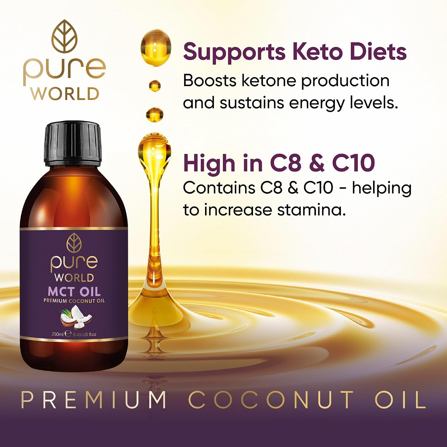 Detalle 2 de Pure World Natural MCT Coconut Oil 250ml 🫒