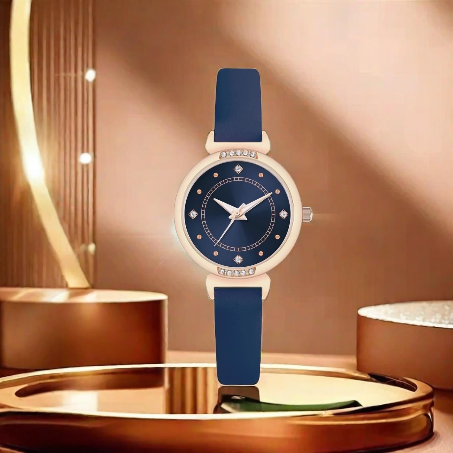 Detalle de NUOVO Women’s Leather Strap Watch with Blue Dial and Diamond Bezel