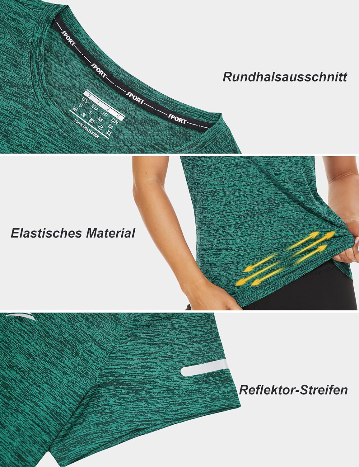 Thumbnail 3 de TACVASEN Damen Meliertes Sport-T-Shirt Kurzarm – Laufshirt Rundhals, Reflektierende Streifen, Leicht & Atmungsaktiv