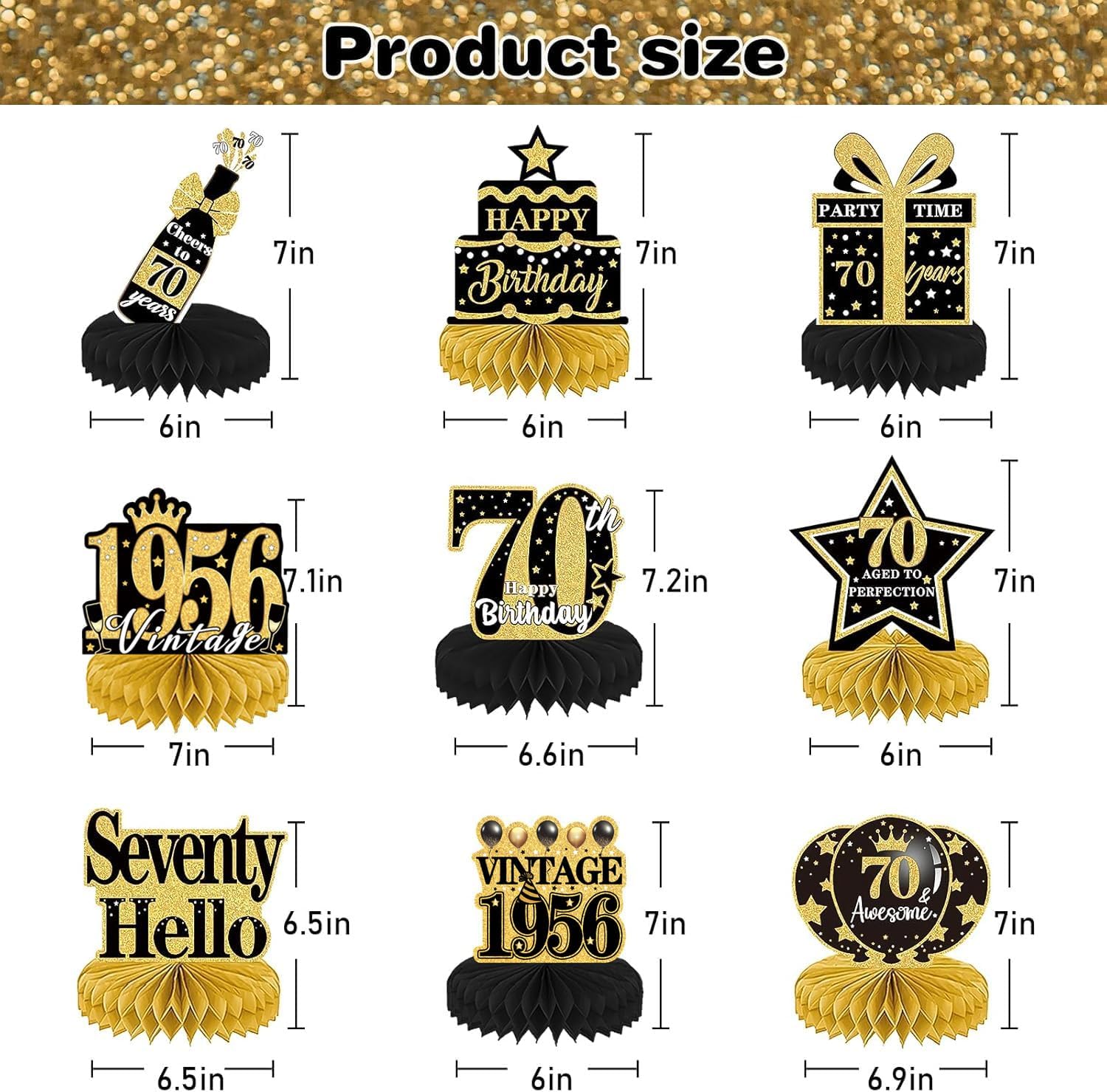 Detalle de Luvart 70th Birthday Decorations – Black and Gold Table Decorations (9pcs) with Vintage Honeycomb Centerpieces