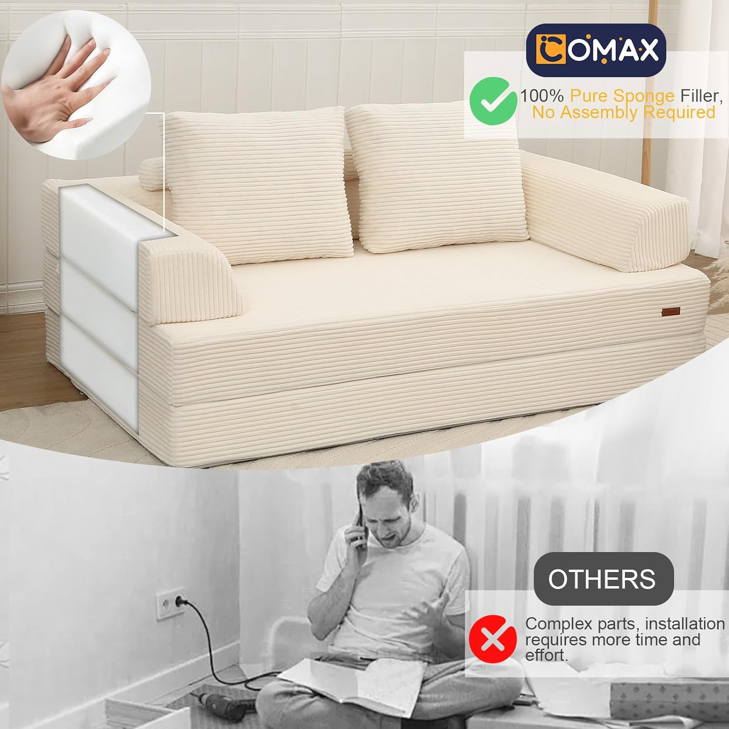 Detalle 2 de COMAX Convertible Sofa Bed (Corduroy Beige) – Folding Floor Couch Bed Futon Sleeper w/ Pillows