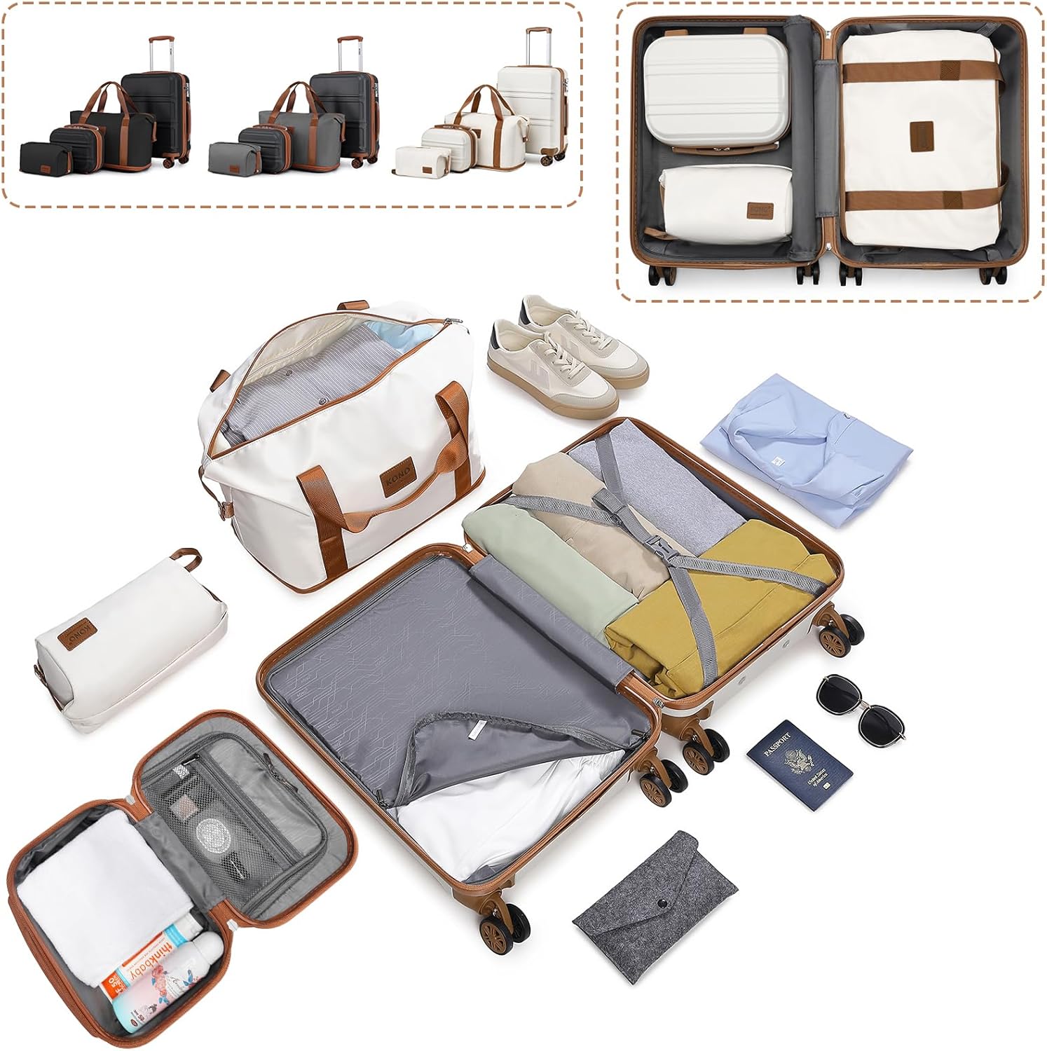 Detalle 2 de KONO 4-tlg. Reisekoffer-Set (55 cm Handgepäck) mit Beautycase & Kulturbeutel in Schwarz/Braun