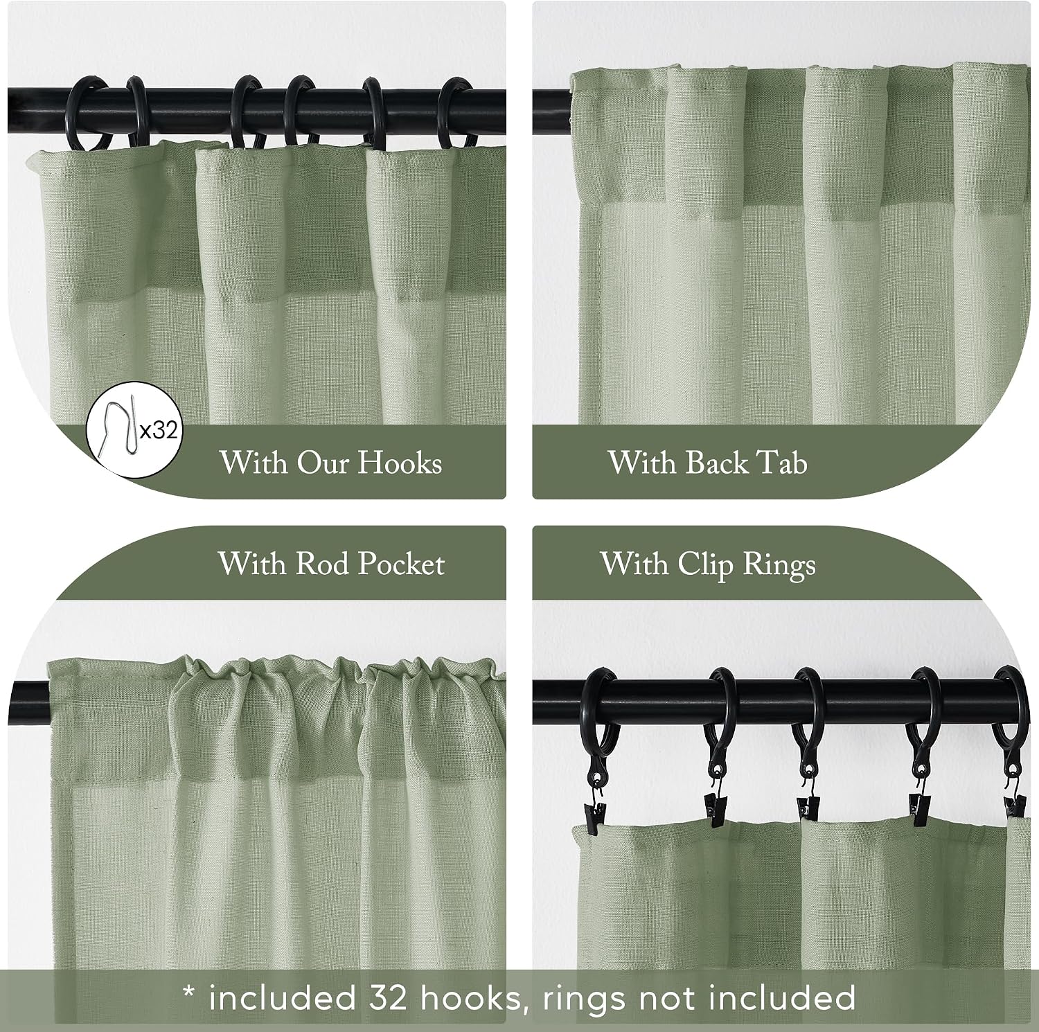 Thumbnail 2 de SHINELAND Sage Green Linen-Blend Curtains, 96-Inch, 2 Panels, Rod Pocket