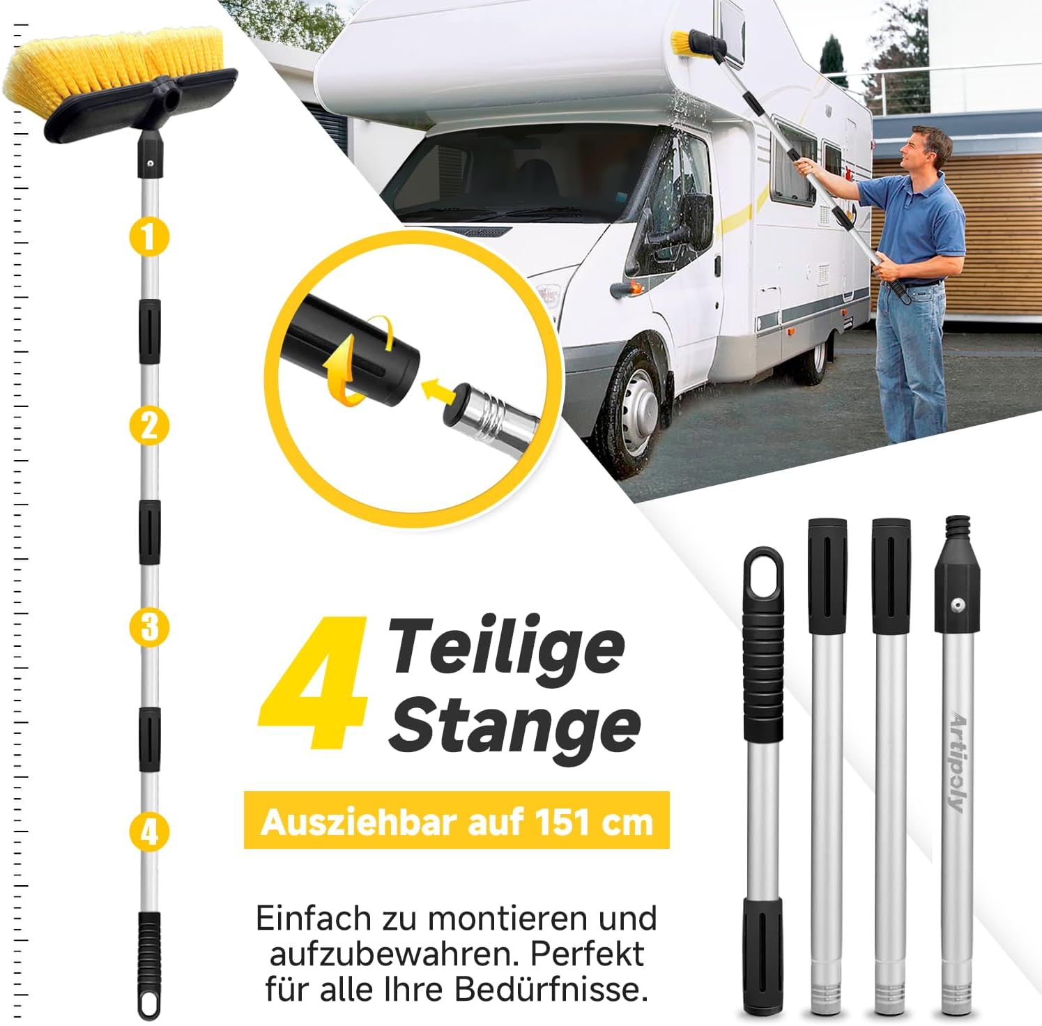 Thumbnail 2 de Autowaschbürste mit Verlängerungsstange (151 cm) und 25 cm weiche Borsten – gelb