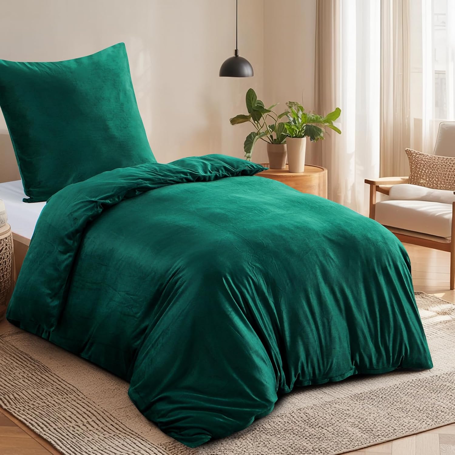 Detalle 2 de Aisbo pluchen winterbeddengoed 155 x 220 cm, donkergroen met ritssluiting