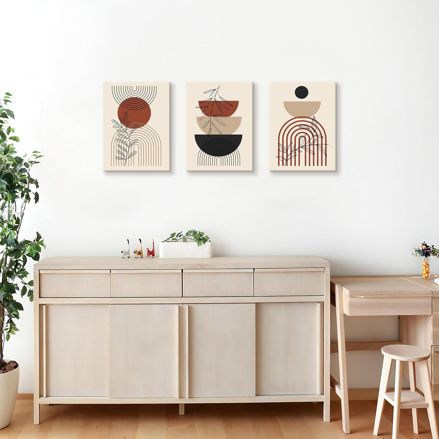 Detalle de 3 Pcs Boho Beige Canvas Wall Art – Geometric Black Leaf Trio, 30x40 cm Each