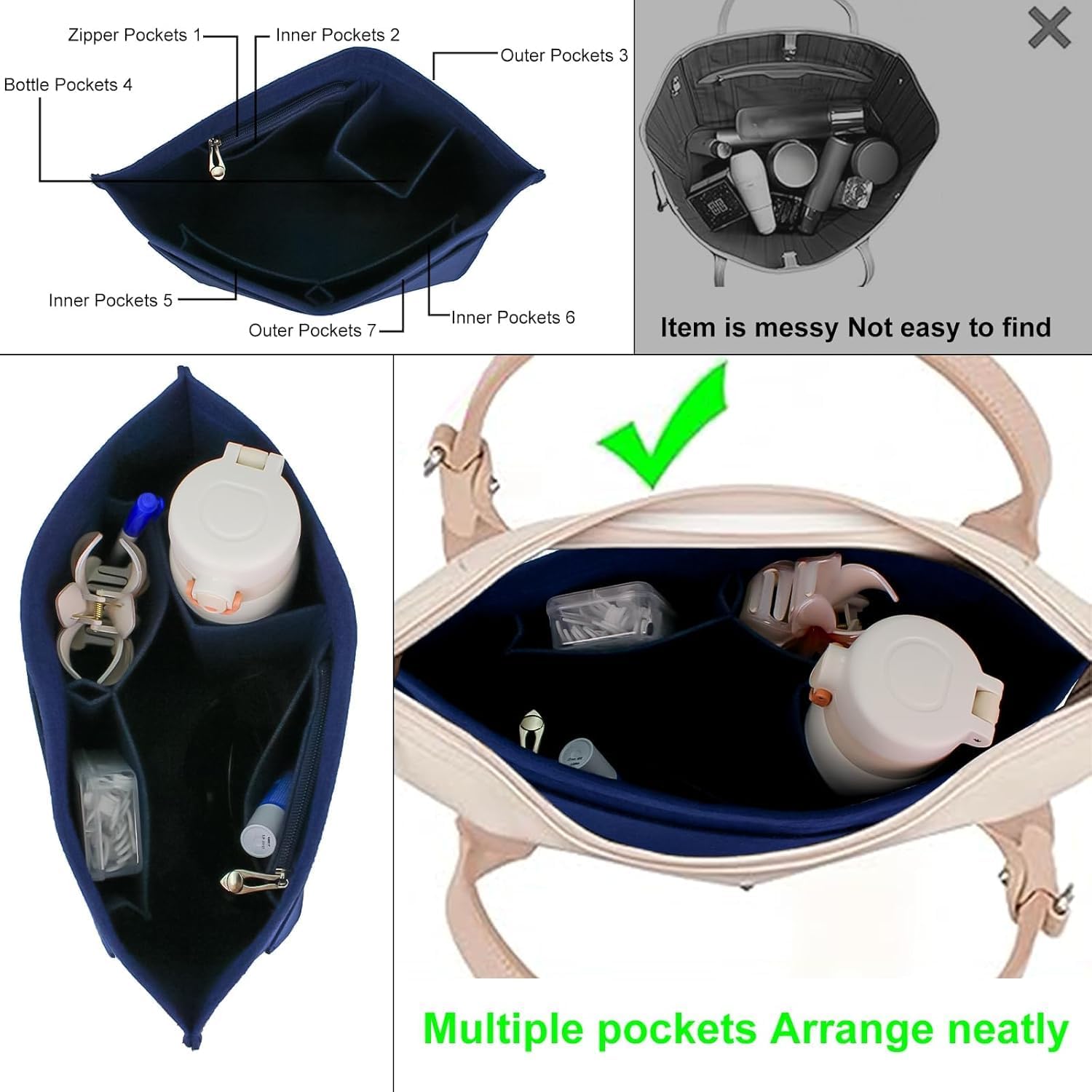 Detalle de HYEPNED Bag Wallet Insert Organizer for Longchamp Tote (Blue, M) – Multi-Pocket Felt Insert