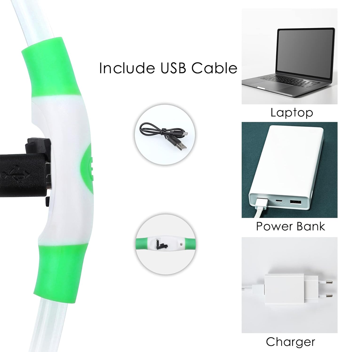 Detalle de Coolzon Collare Luminoso USB per Cani e Gatti – LED 3 Modalità, Impermeabile, Taglie Piccola/Media/Grande, Verde