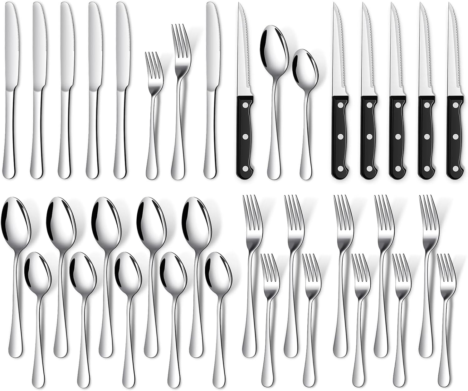 TAN REN Besteck-Set für 6 Personen, 36-teiliges Edelstahlbesteck mit Steakmessern (silber)
