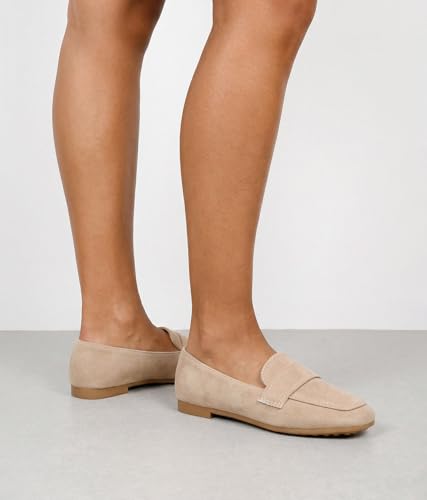 Detalle de BOSANOVA Mocasines Planos para Mujer en Ante Vegano con Puntera Cuadrada y Suela Plana – Arena, Talla 41