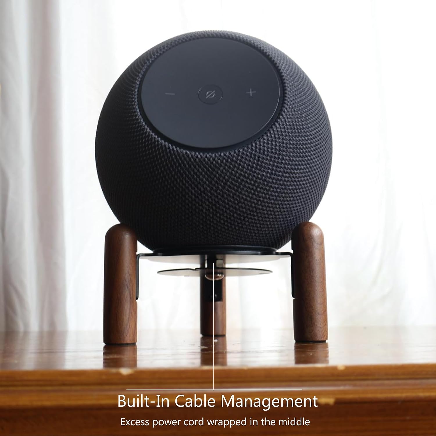 Detalle de H Huaberich デスクウッドスタンド Echo Dot Max用 ブラックウォールナット・コード収納付き