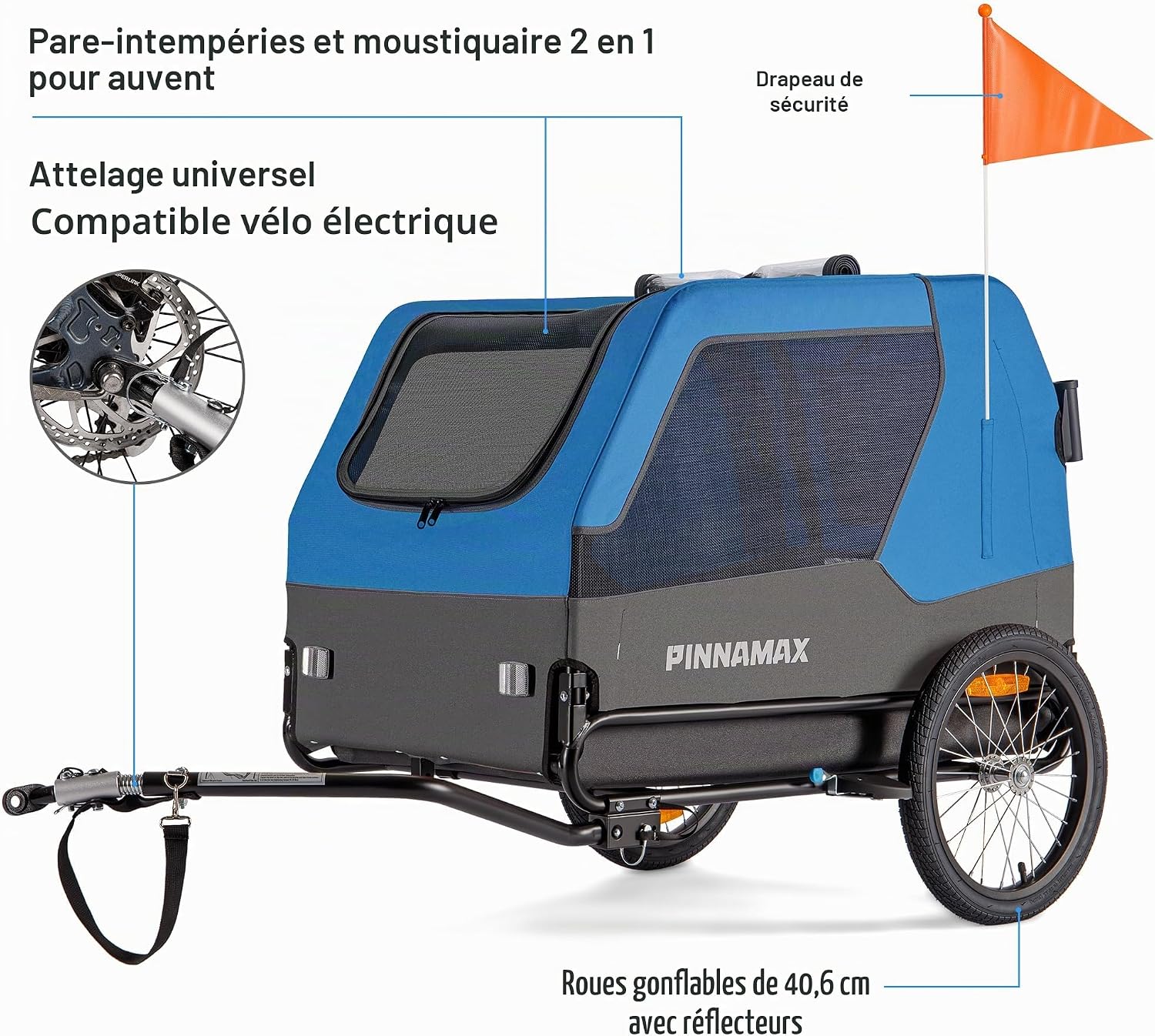 Detalle de Remorque PINNAMAX pour chien – 2 en 1 vélo et poussette, capacité 45 kg, attelage universel