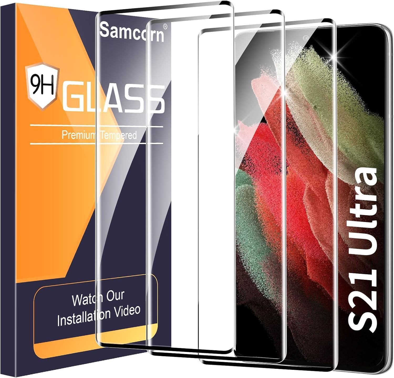 Detalle de Samcorn Galaxy S21 Ultra Tempered Glass Screen Protector, 3-Pack, 3D Curved