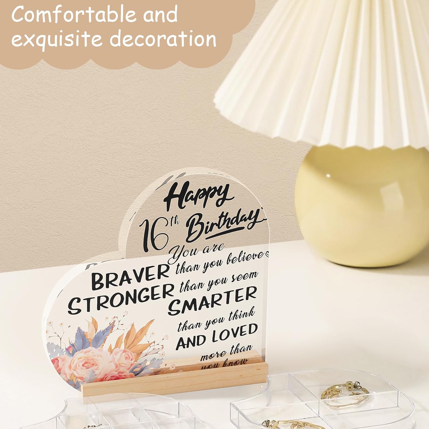 Detalle de SZXYCZL 16th Birthday Heart-Shaped Acrylic Plaque with Wooden Stand