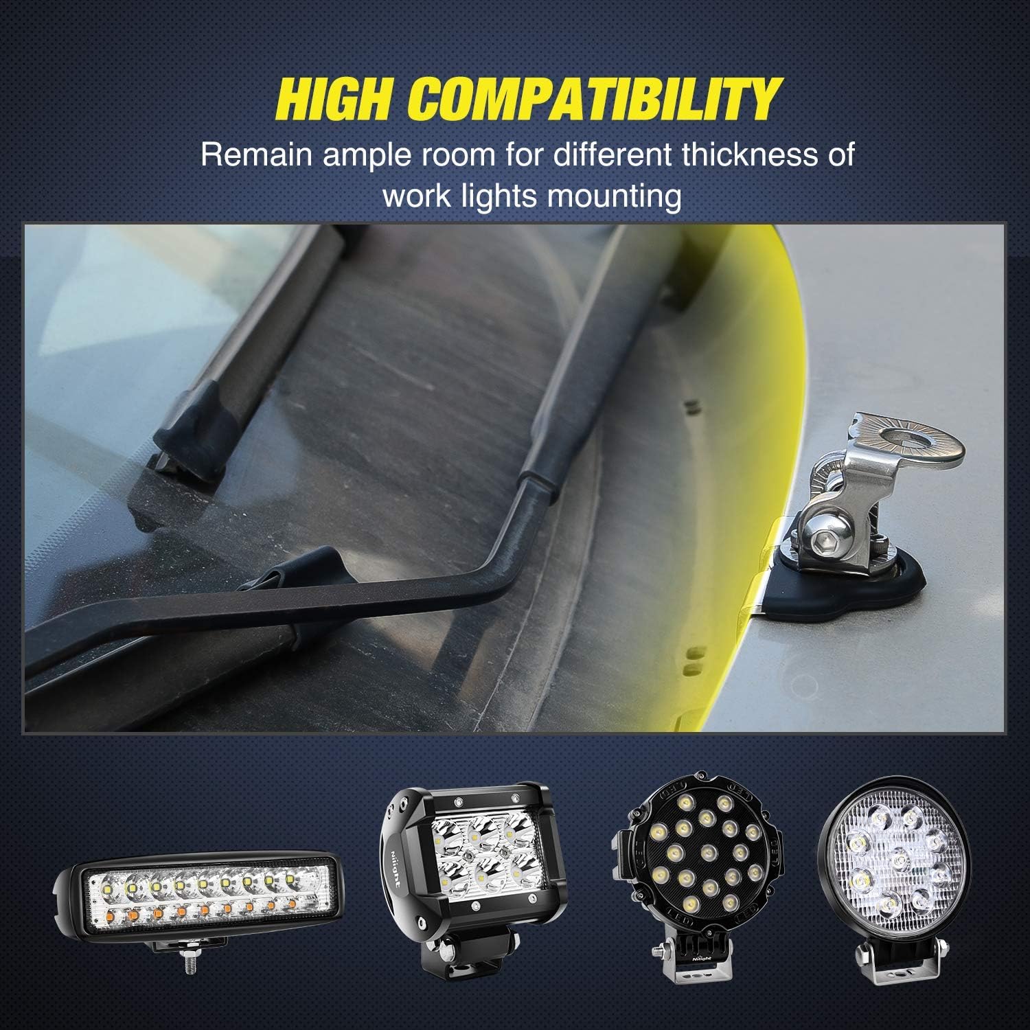 Detalle de Nilight 304 Stainless Steel LED Light Bar Mounting Brackets (2-Pack) — Universal Adjustable Hood/Pillar Clamp Mounts