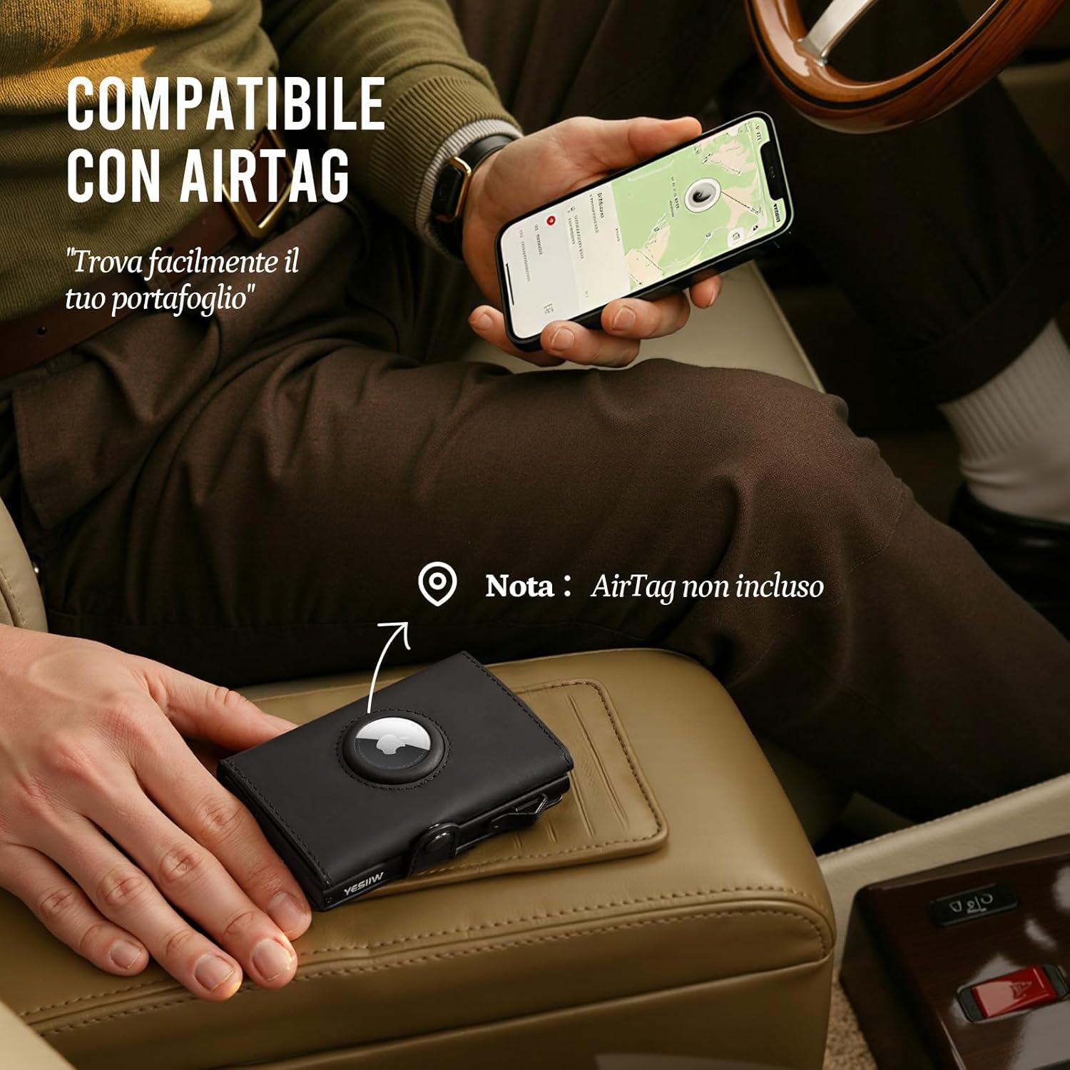 Thumbnail 1 de YESIIW Portafoglio Uomo slim per 12 carte con protezione RFID e alloggio per Apple AirTag (nero)