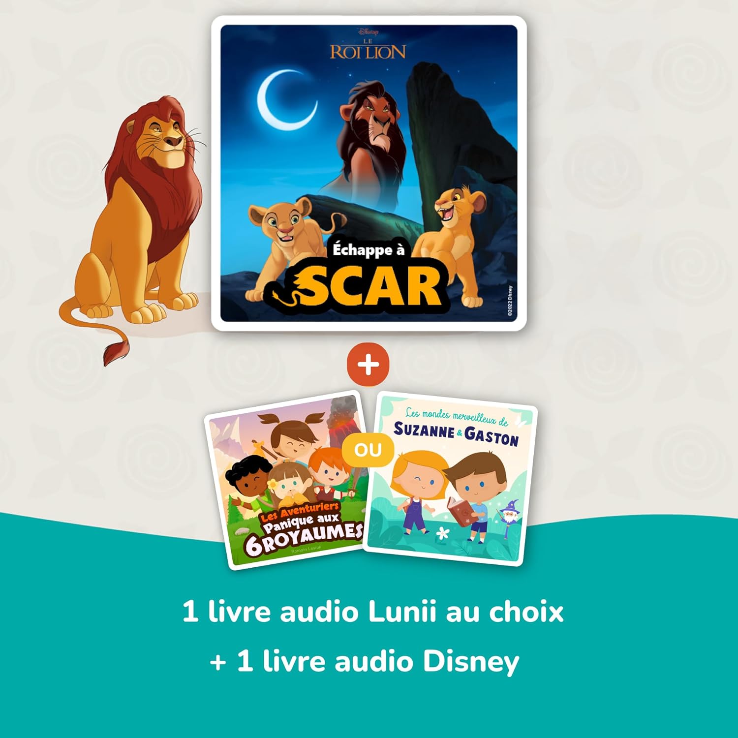 Detalle 2 de Lunii Pack Ma Fabrique à Histoires Special Disney : Boite à Histoires + Livre Audio Le Roi Lion + Livre au Choix – Conteuse Interactive Enfant 3-8 ans
