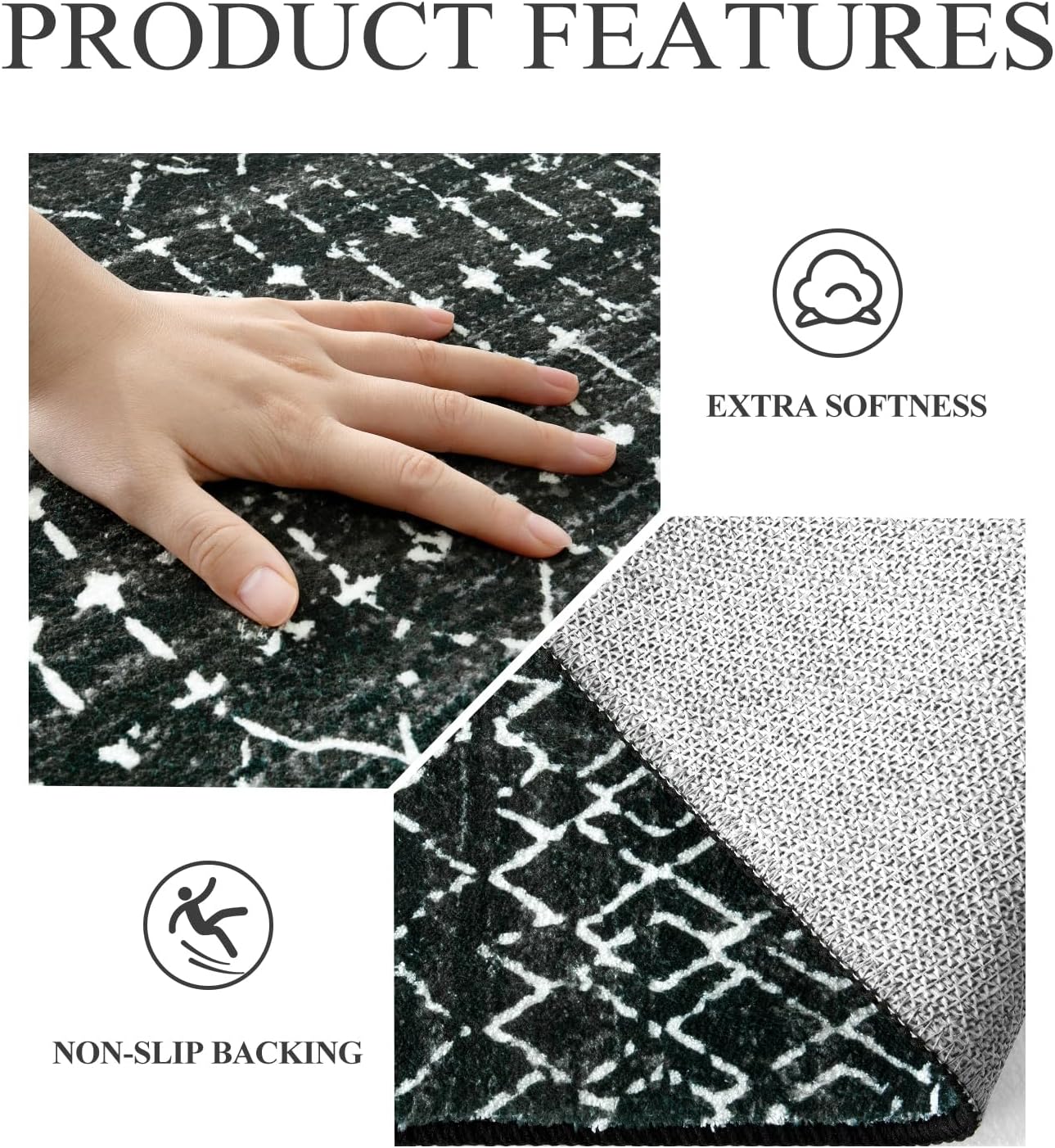 Detalle 2 de Lahome Moroccan Black Long Runner: Ultra-Thin, Washable Non-Slip Hallway Rug (2'5" x 12')