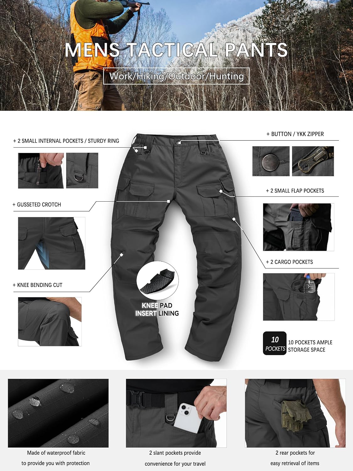 Detalle de Men's Tactical Pants Water Resistant Stretch Cargo Ripstop Pants for Outdoor Work and Hiking