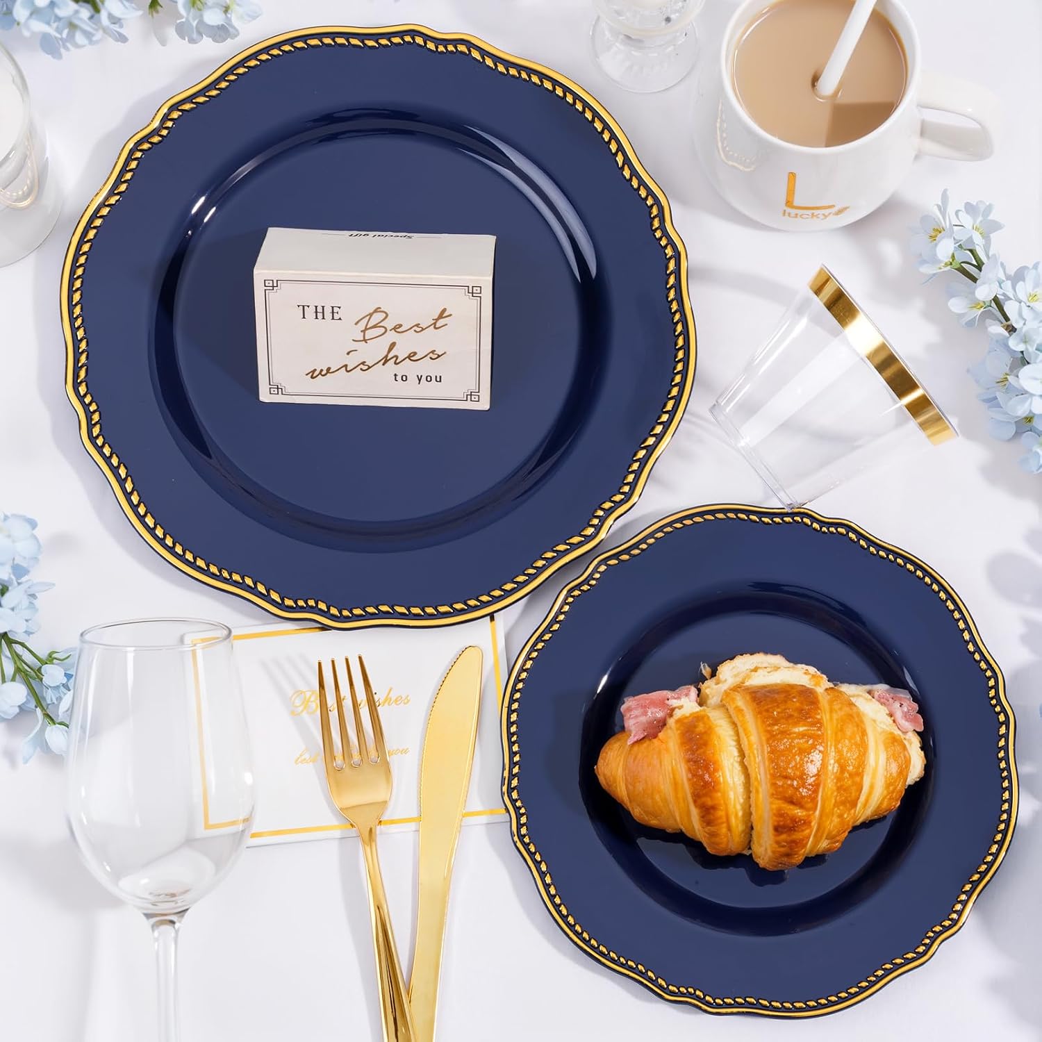 Thumbnail 6 de Hioasis 350pcs Blue and Gold Plastic Plates Set for Weddings and Events
