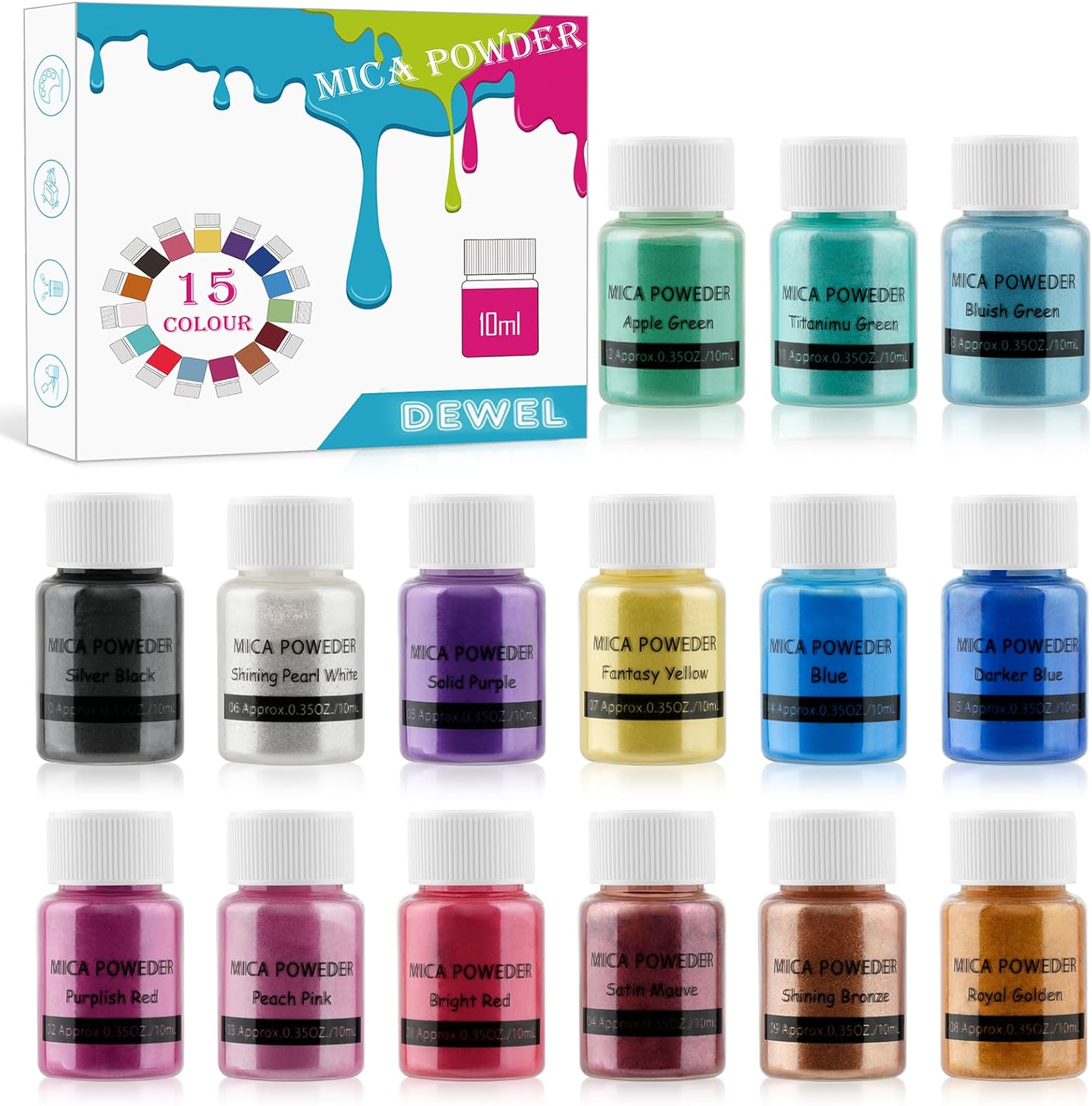 Thumbnail 6 de DEWEL Epoxidharz-Mica Pulver, 15 Farben (je ca. 10 g) Perlglanz – Metallische Pigmente für Resin, Seife & mehr