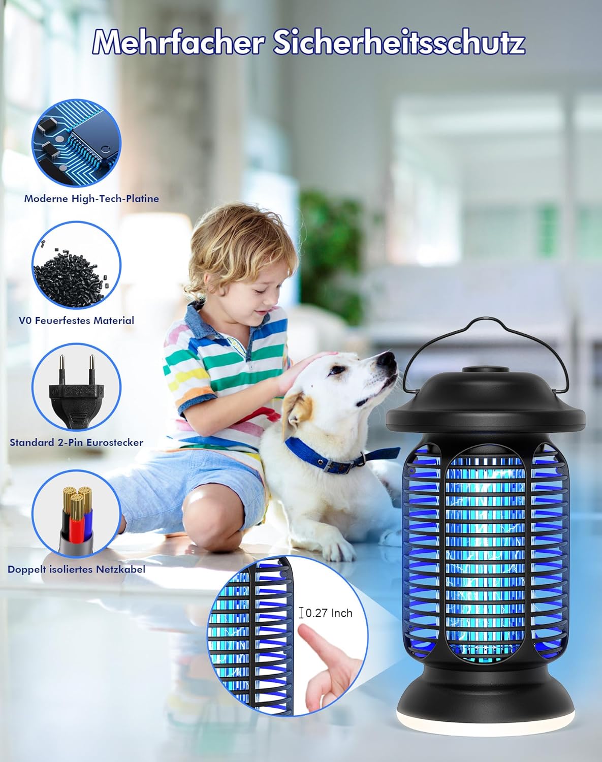Detalle de Regevo Insektenvernichter Elektrisch 4000V – Fliegenfalle mit UV-Licht, IPX4, 20W
