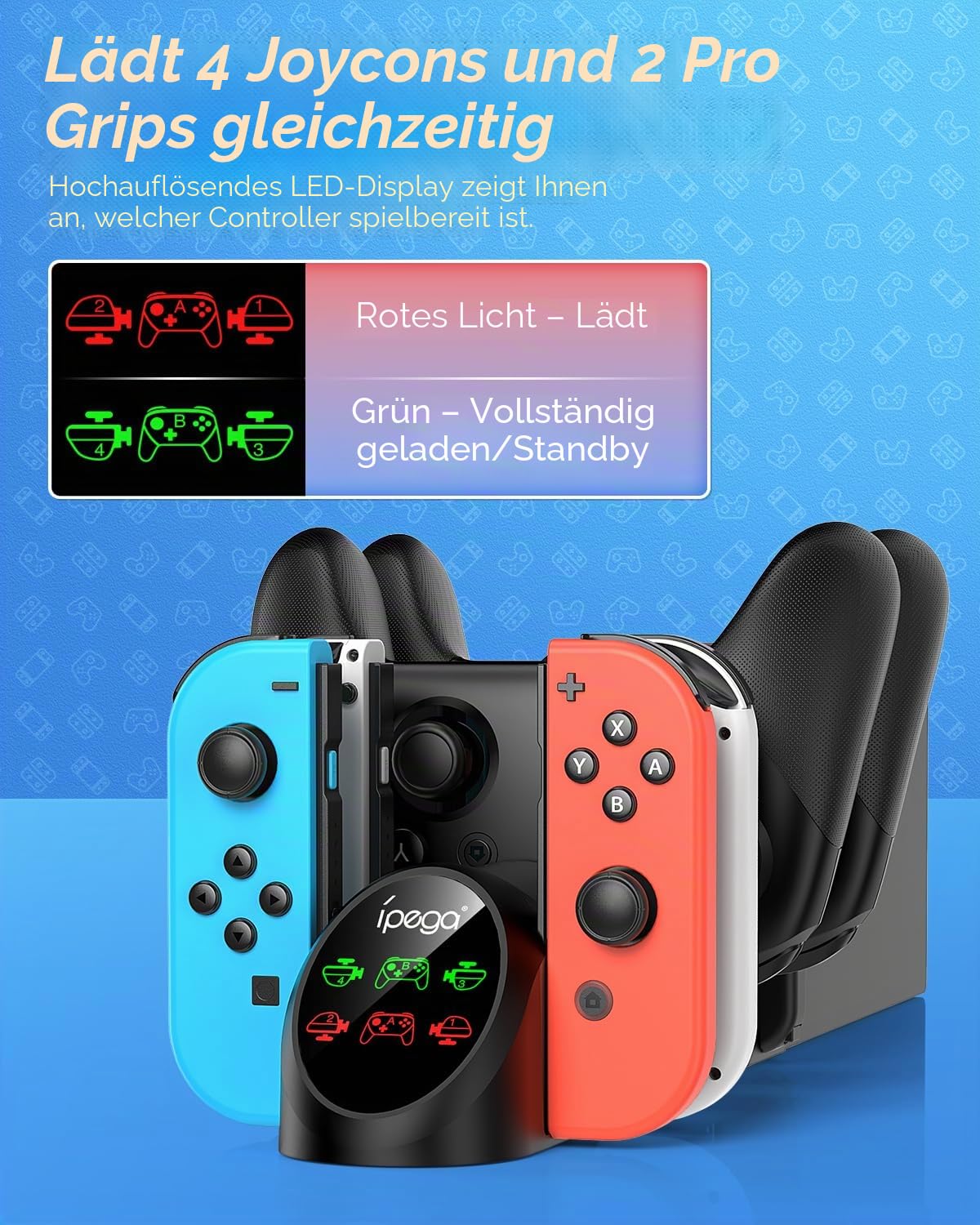 Detalle 2 de FASTSNAIL Ladestation für Nintendo Switch / Switch OLED mit Platz für 4 Controller und Pro Controller