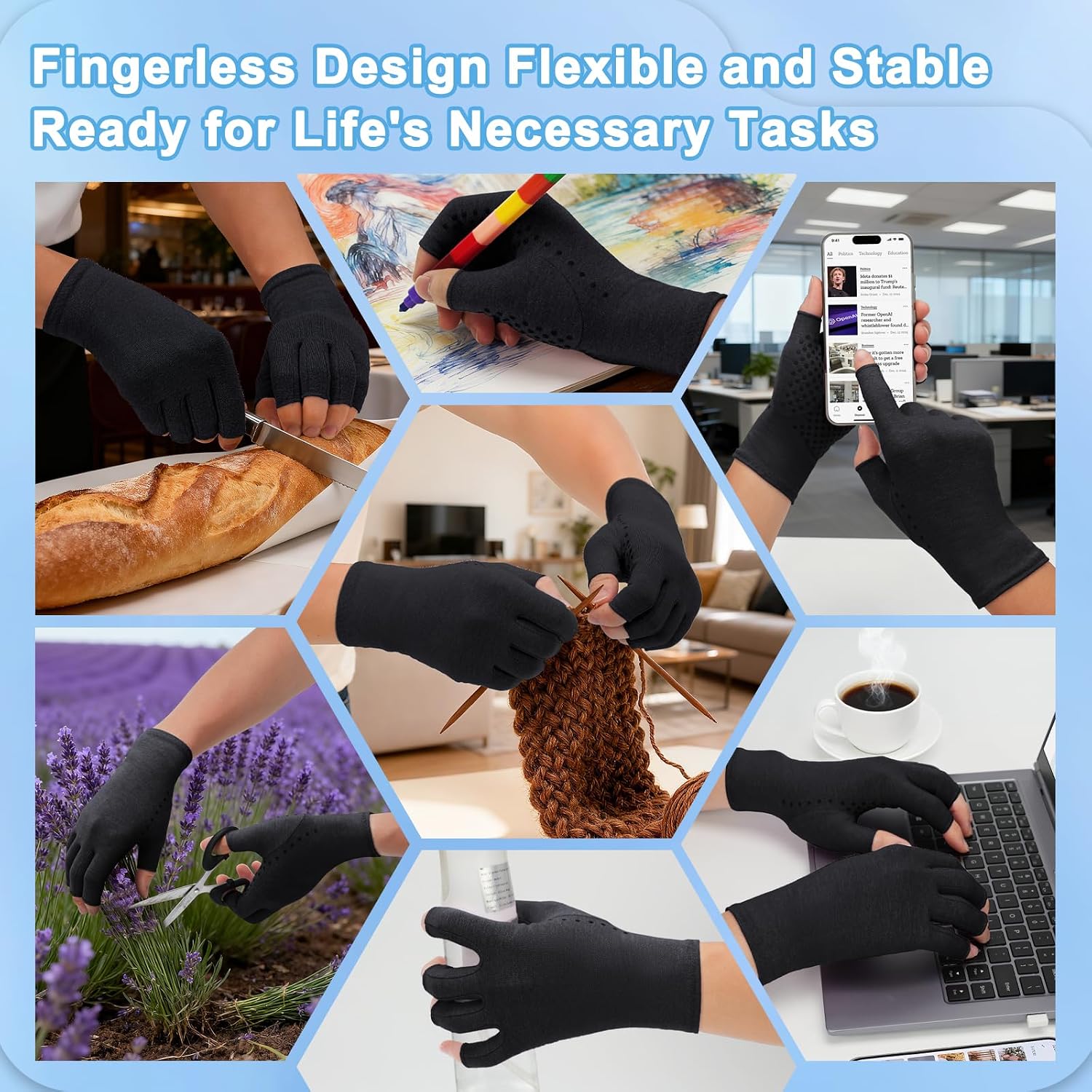 Thumbnail 6 de DRNAIETY 2-Pair Arthritis Compression Gloves - Fingerless, Breathable Support for Hand Pain (Black)
