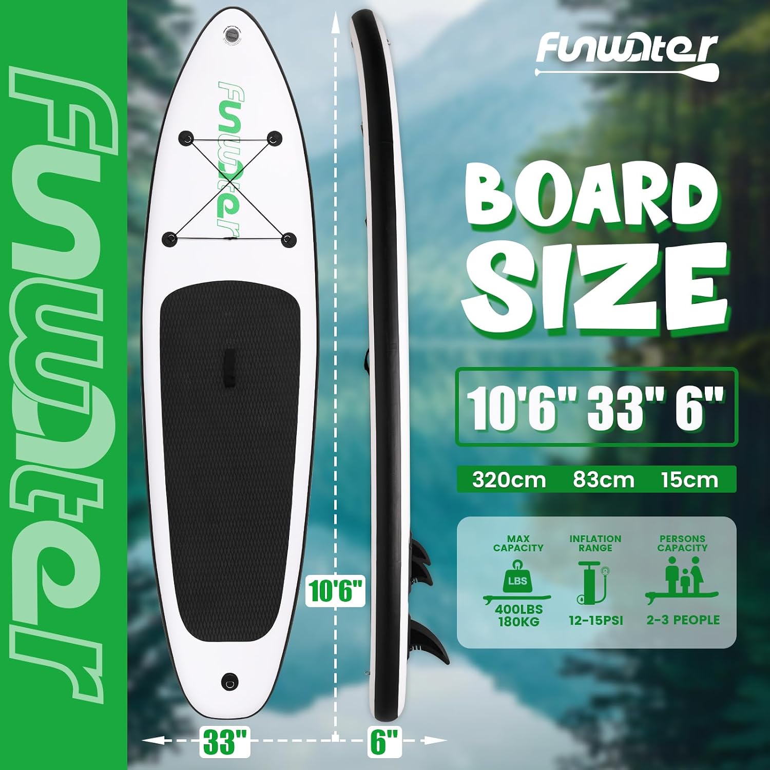 Thumbnail 1 de FunWater Ultra-light Inflatable Stand Up Paddle Board – 10'6" or 320cm SUP with Adjustable Paddle, Pump, Leash, Backpack & Fins