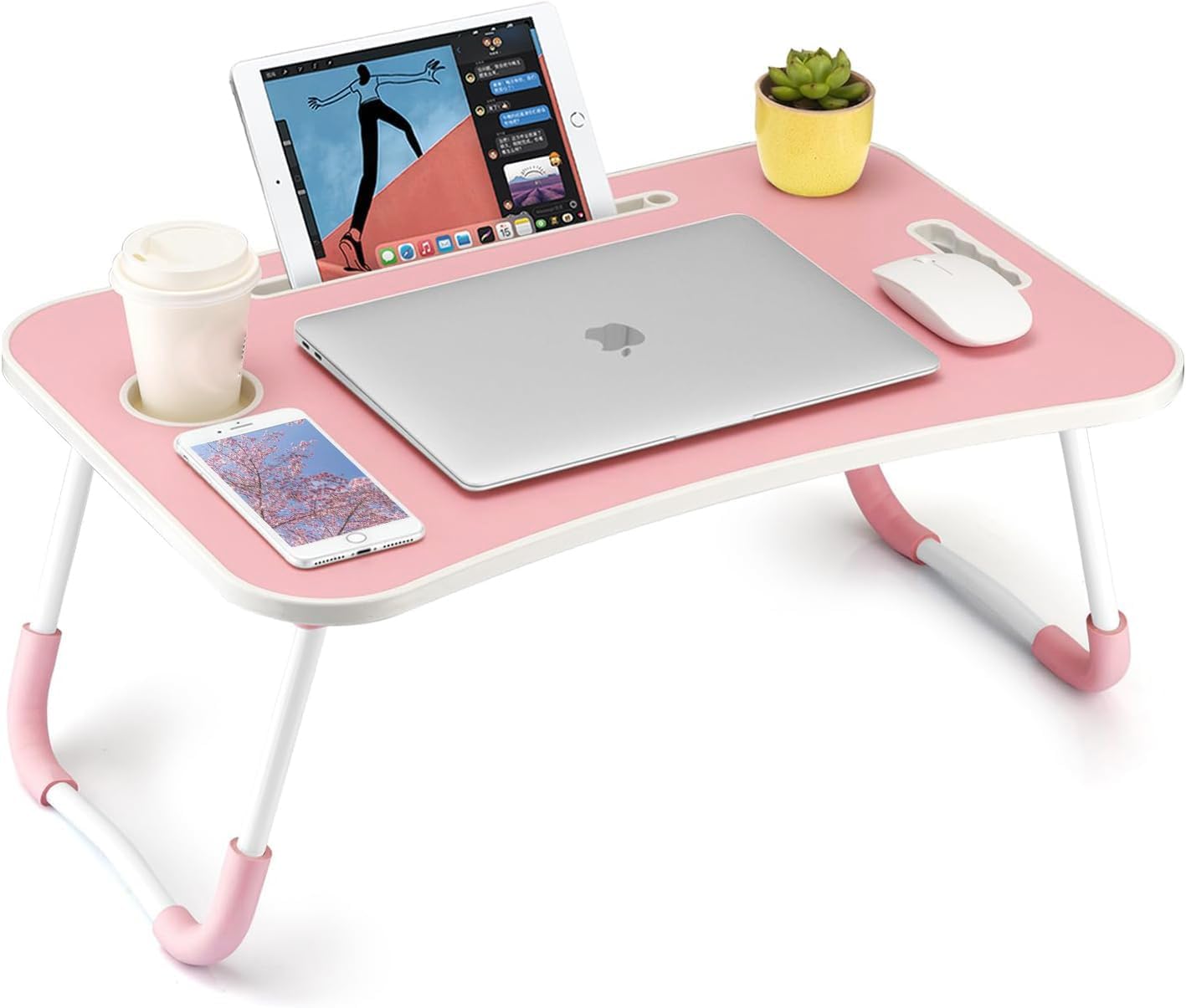 Detalle de FISYOD FIS03 Foldable Laptop Table, Light Pink, Cup Holder and Tablet Slot