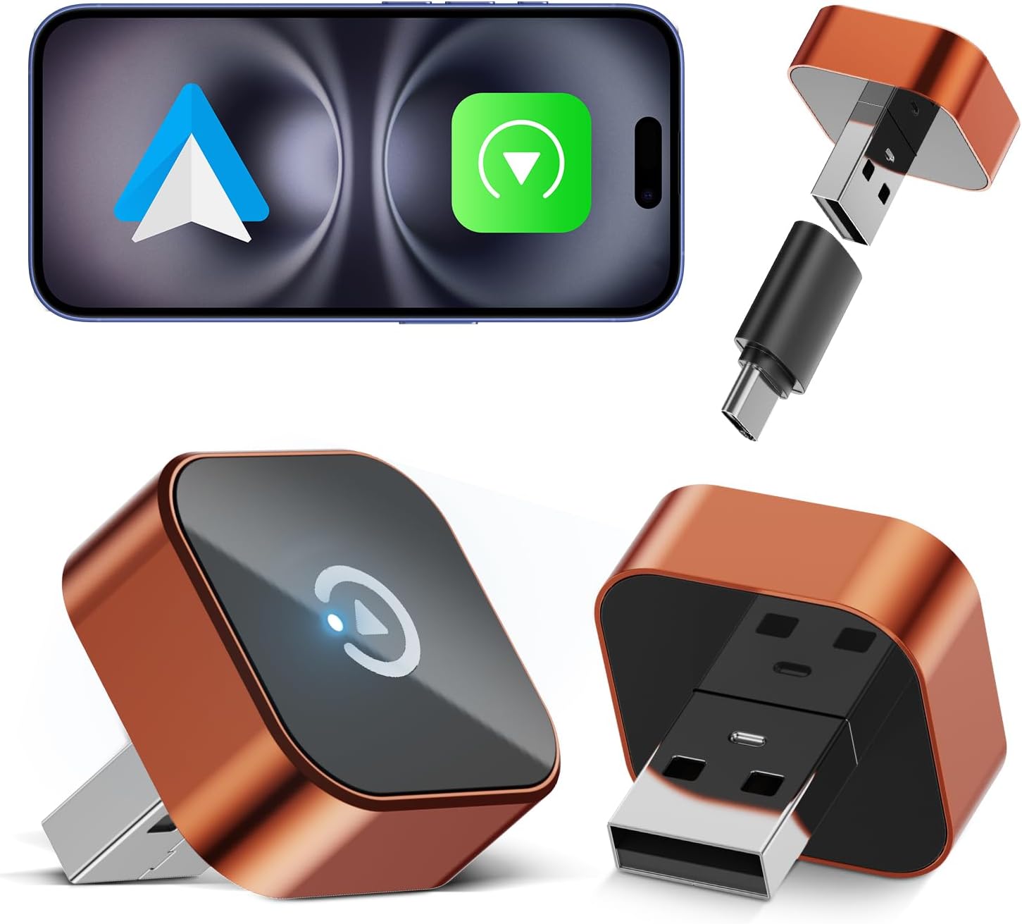 Detalle de Spedal 2026 Wireless CarPlay & Android Auto Adapter 2-in-1 – kabellos, mit WiFi 6 (Orange)