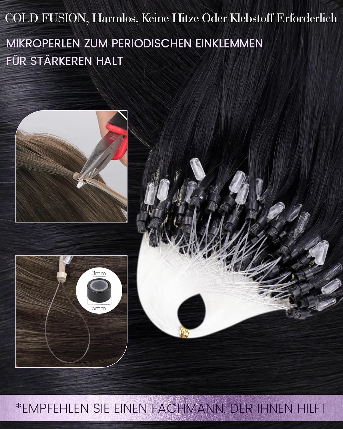 Detalle de LaaVoo Microring Extensions Echthaar Schwarz – Micro-Loop Haarverlängerung (Remy) #1