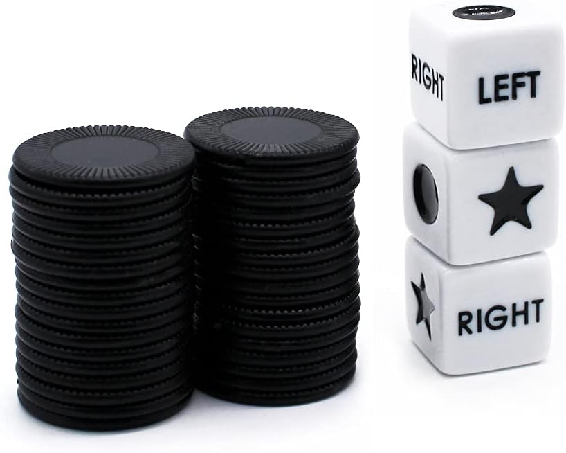 Detalle de Bilywey Left Right Center Dice Game Set with 3 Dice + 36 Black Chips (Black)