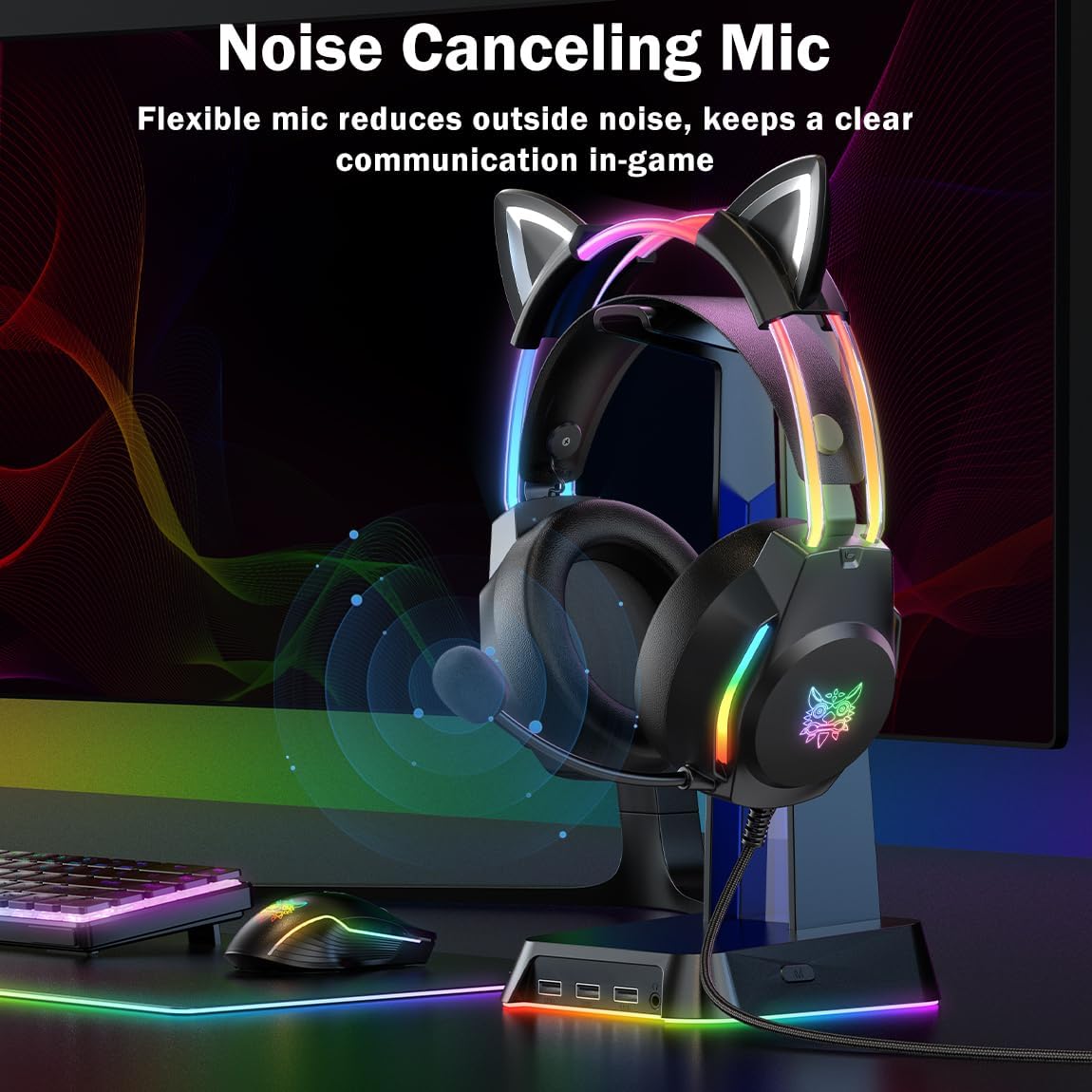 Thumbnail 3 de ONITOON gaming headset with removable cat ears, RGB backlight & microphone for PC, PS4/PS5, Switch and more