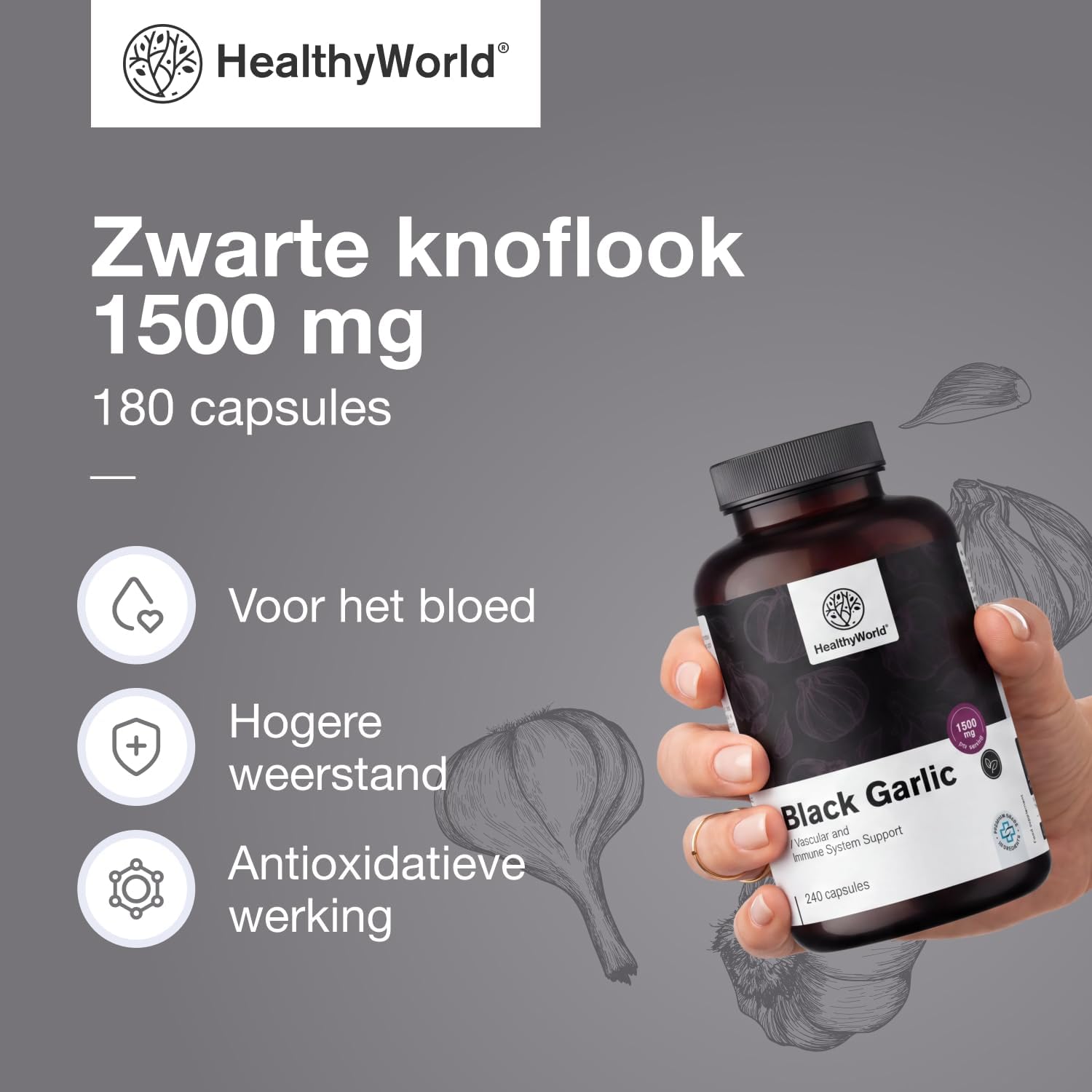 Detalle 2 de HealthyWorld Zwarte knoflook 1500 mg, 180 capsules, extract 25:1