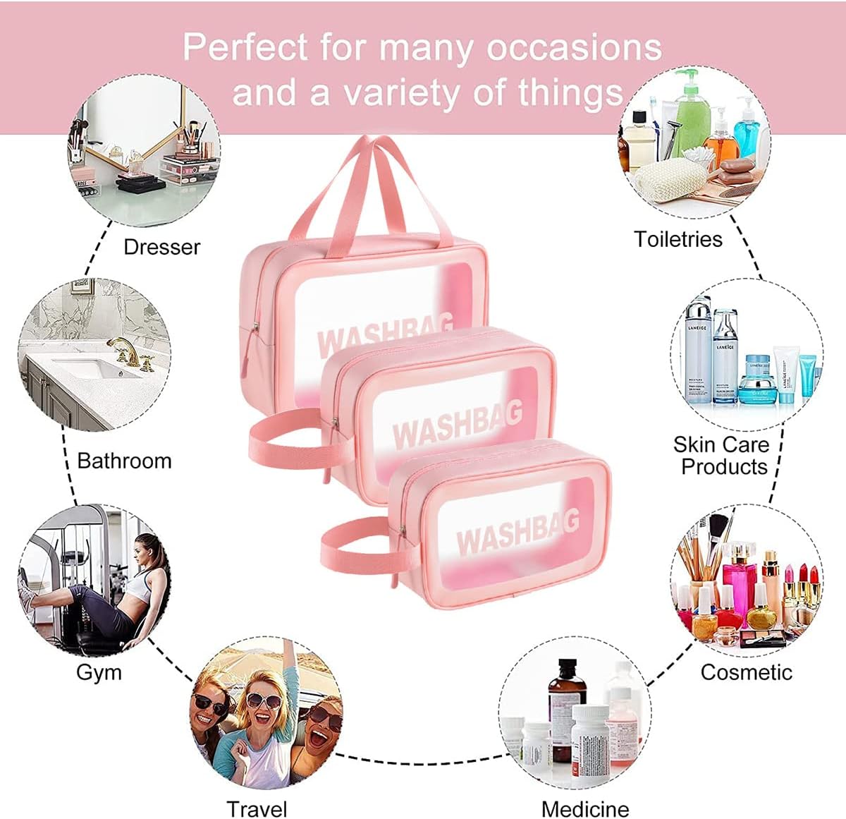 Thumbnail 4 de LEcylankEr Transparentes Kosmetiktaschen-3er-Set – Wasserdicht, faltbar, Rosa