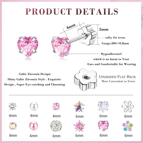 Detalle de JeweBella Hypoallergenic Flat Back Earrings Set – Surgical Steel, 12–14 Pairs for Girls